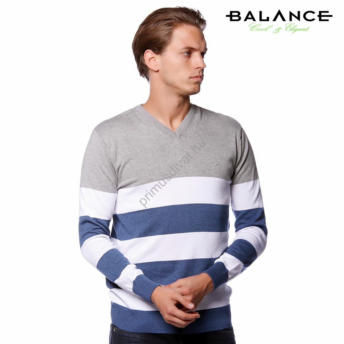 Balance V-nyakú, szürke-fehér-kék csíkos vékony kötött pamut pulóver