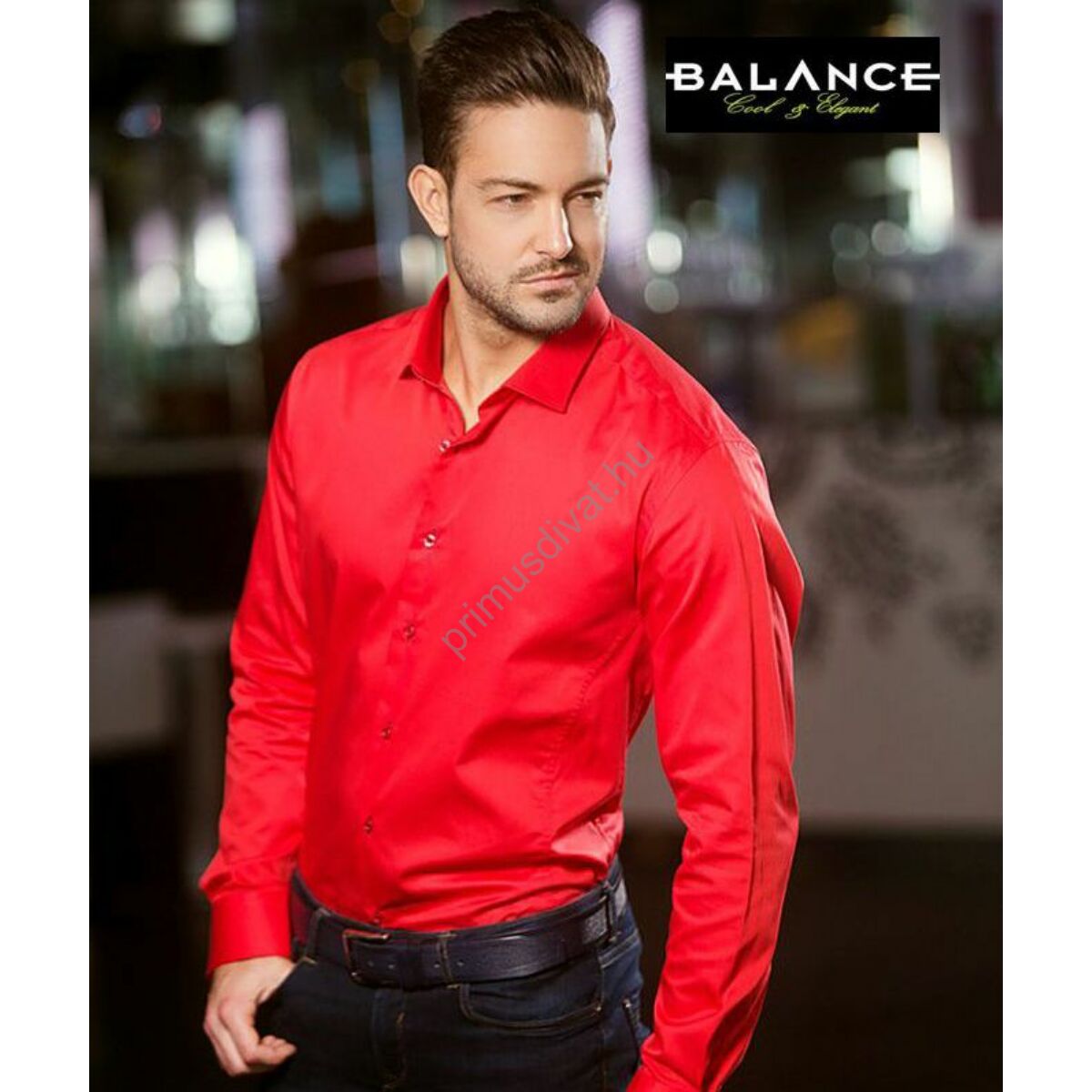 Balance normál galléros, egyszínű piros pamutszatén, slim-fit hosszú ujjú ing