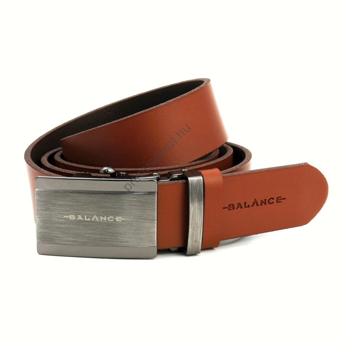 Balance önzáródó, csiszolt telecsatos barna bőr öv, derékszíj, gravírozott márkafelirattal Balance önzáródó, csiszolt telecsatos barna bőr öv, derékszíj, gravírozott márkafelirattal