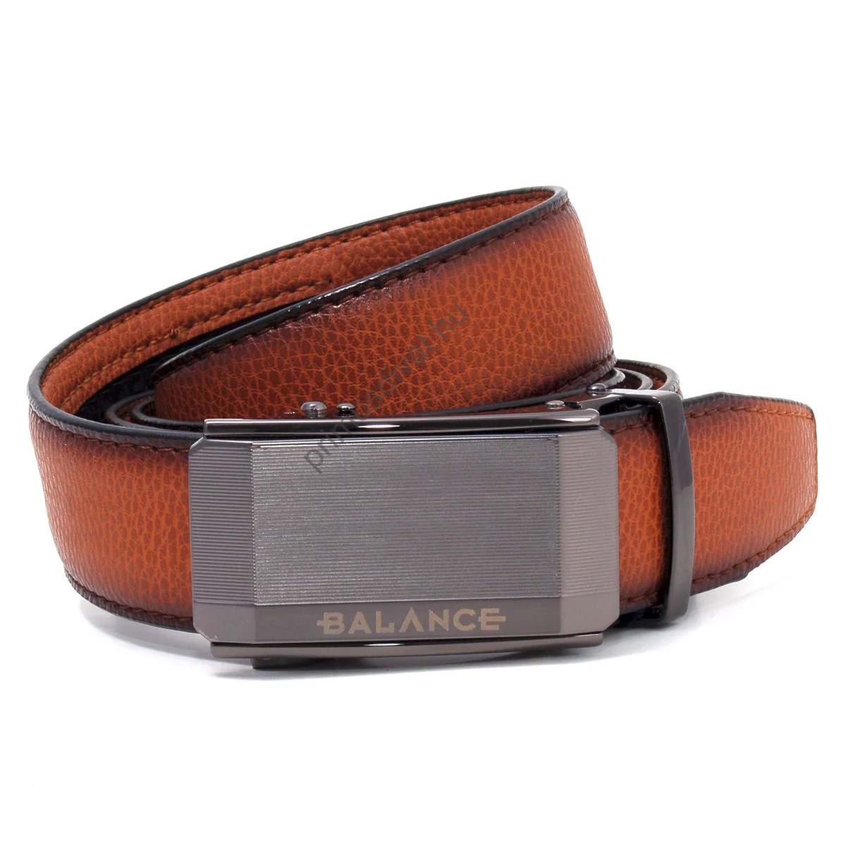 Balance racsnis záródású, varrott camel-barna bőrszíjas, antikolt hatású gravírozott, bordázott fém csatos öv