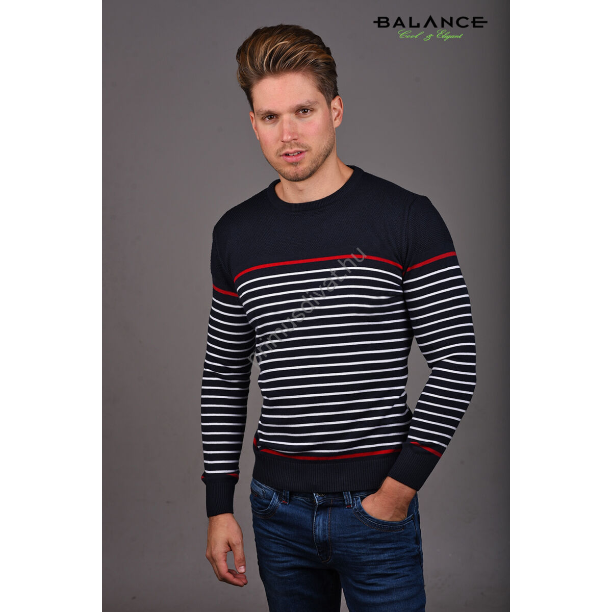 Balance környakas, fehér-piros csíkos sötétkék vékony kötött pamut Mattoni pulóver