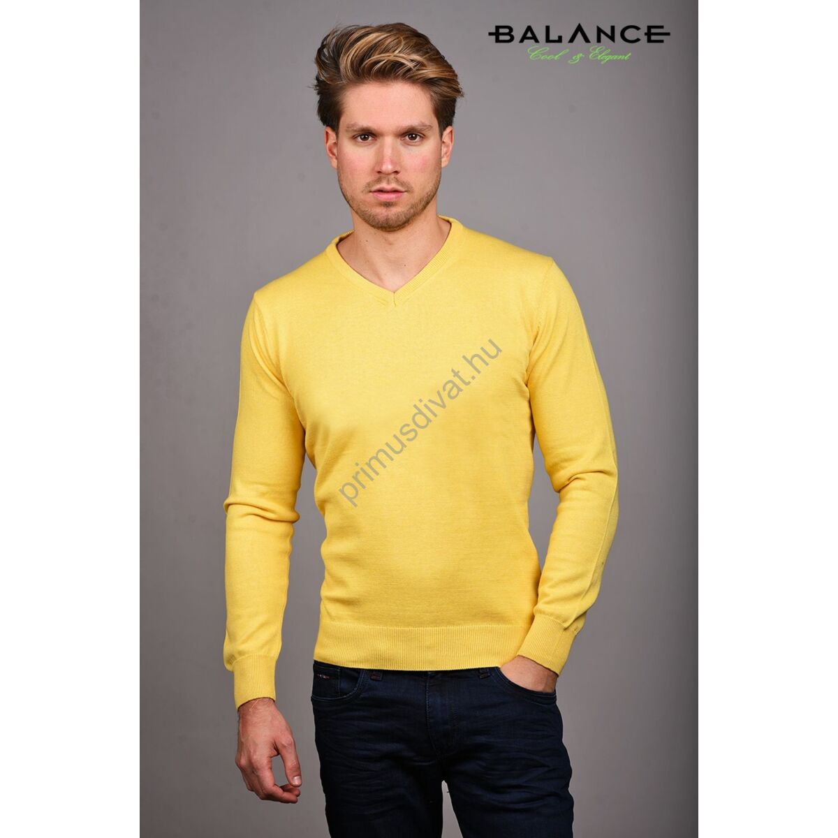 Balance vékony kötött V-nyakú pamut pulóver, sárga-melange
