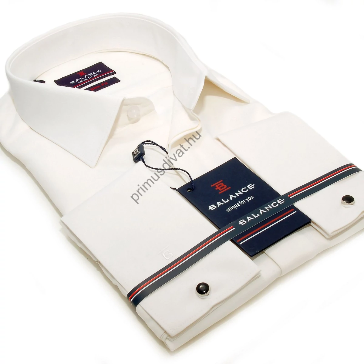 Balance mandzsettagombos, normál galléros ekrü (csontszínű), slim-fit pamutszatén hosszú ujjú ing