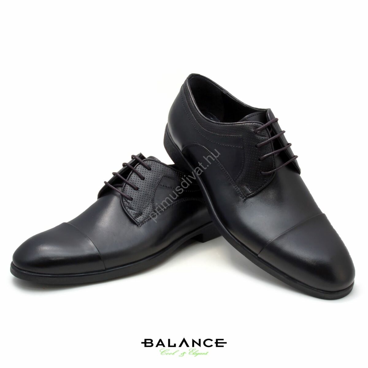 Balance fűzős fekete bőr alkalmi férfi cipő, díszítő tűzésekkel