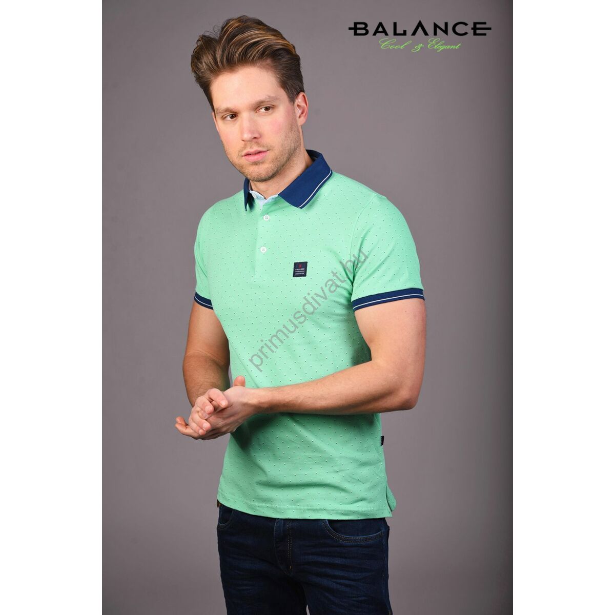 Balance galléros, gombos rövid ujjú Alberto póló, nyomott apró kék-fehér mintás kivi-zöld piké anyagból