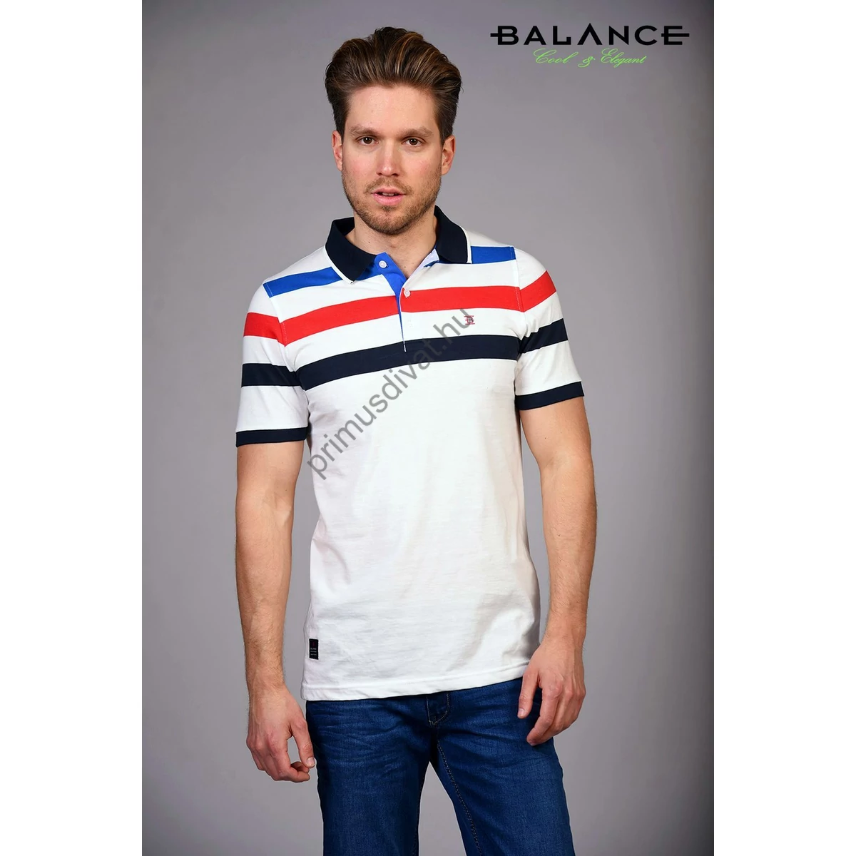 Balance piros-kék csíkos fehér rövid ujjú, gombos-galléros nyakú Thomas póló, szűkebb, slim-fit szabásban