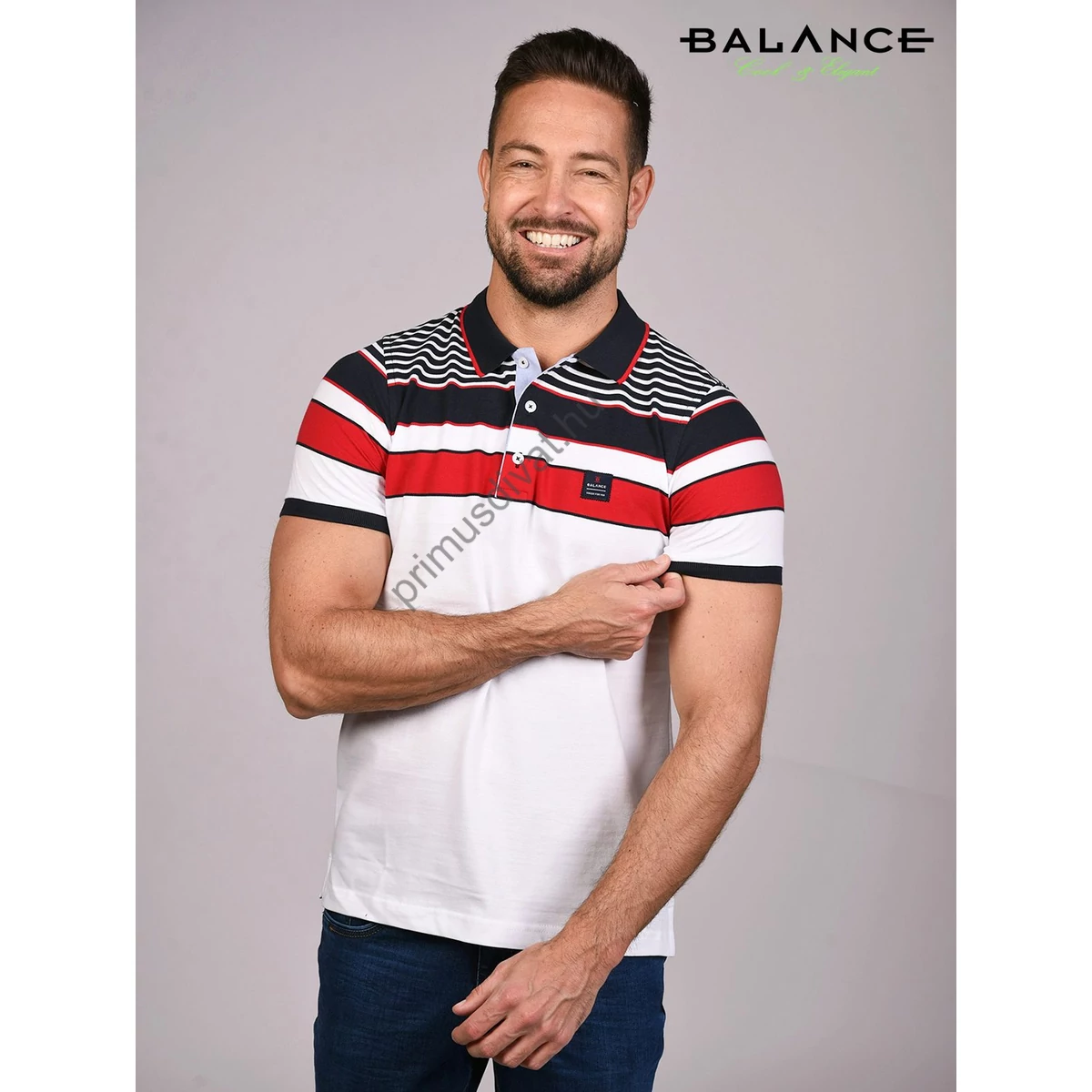 Balance piros-kék csíkos fehér piké anyagú rövid ujjú, gombos-galléros nyakú Cyrs póló
