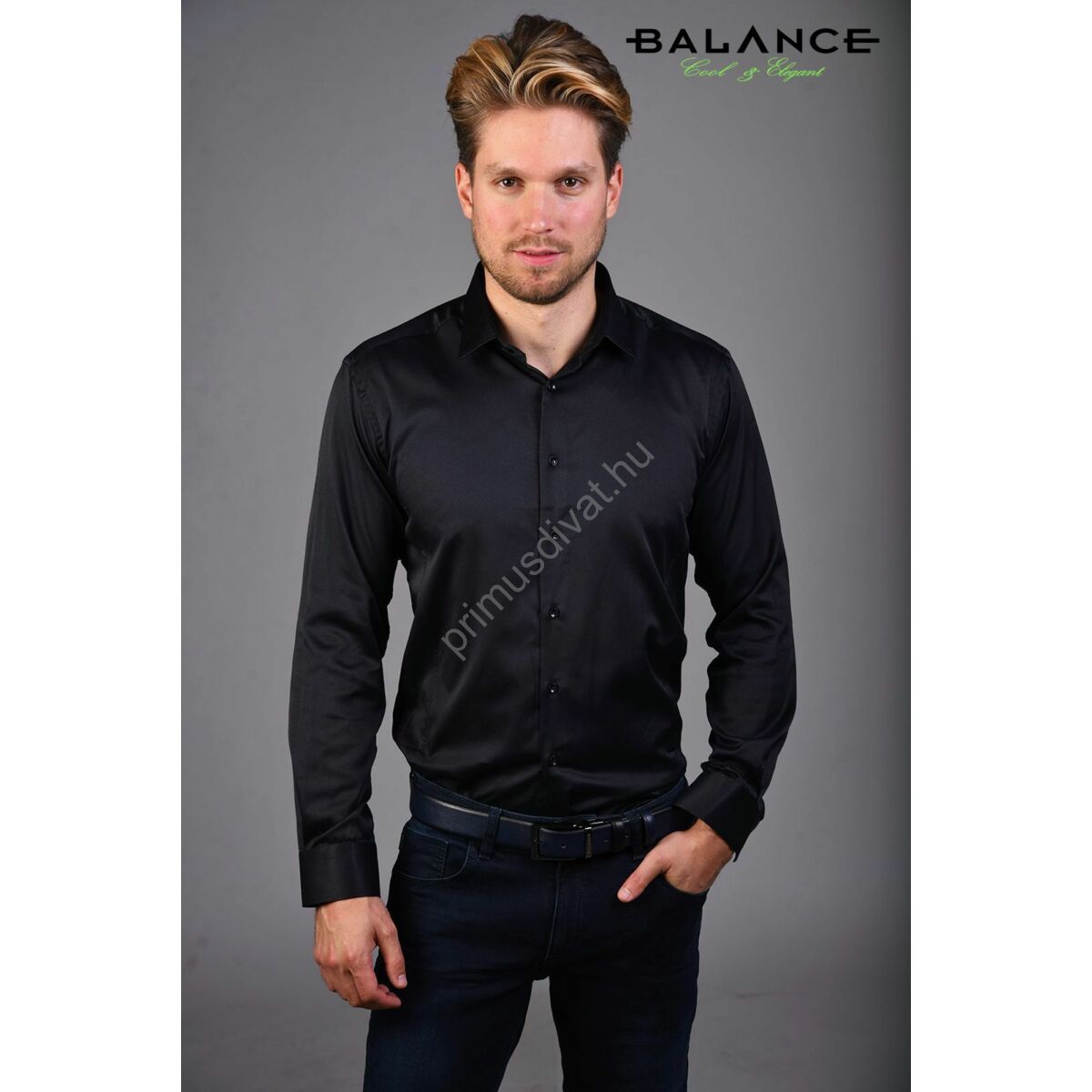 Balance normál galléros, fekete rugalmas pamutszatén, slim-fit hosszú ujjú alkalmi ing