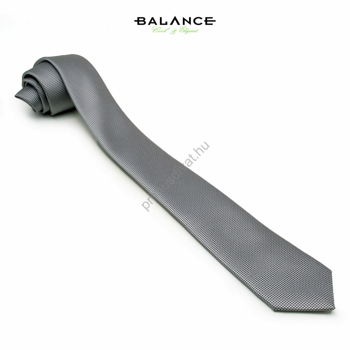 Balance apró fekete pöttyös, anyagában szövött mintás ezüstszürke keskeny selyem nyakkendő