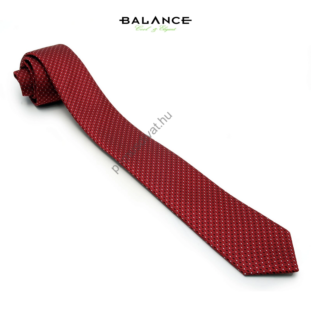 Balance apró ezüst pöttyös, anyagában szövött bordó mintás keskeny selyem nyakkendő