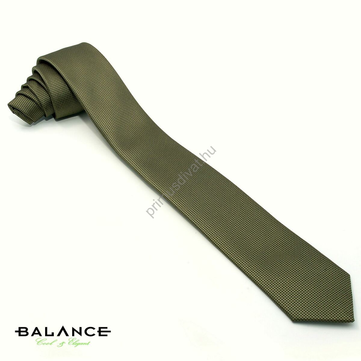 Balance anyagában szövött mintás keki-zöld keskeny selyem nyakkendő