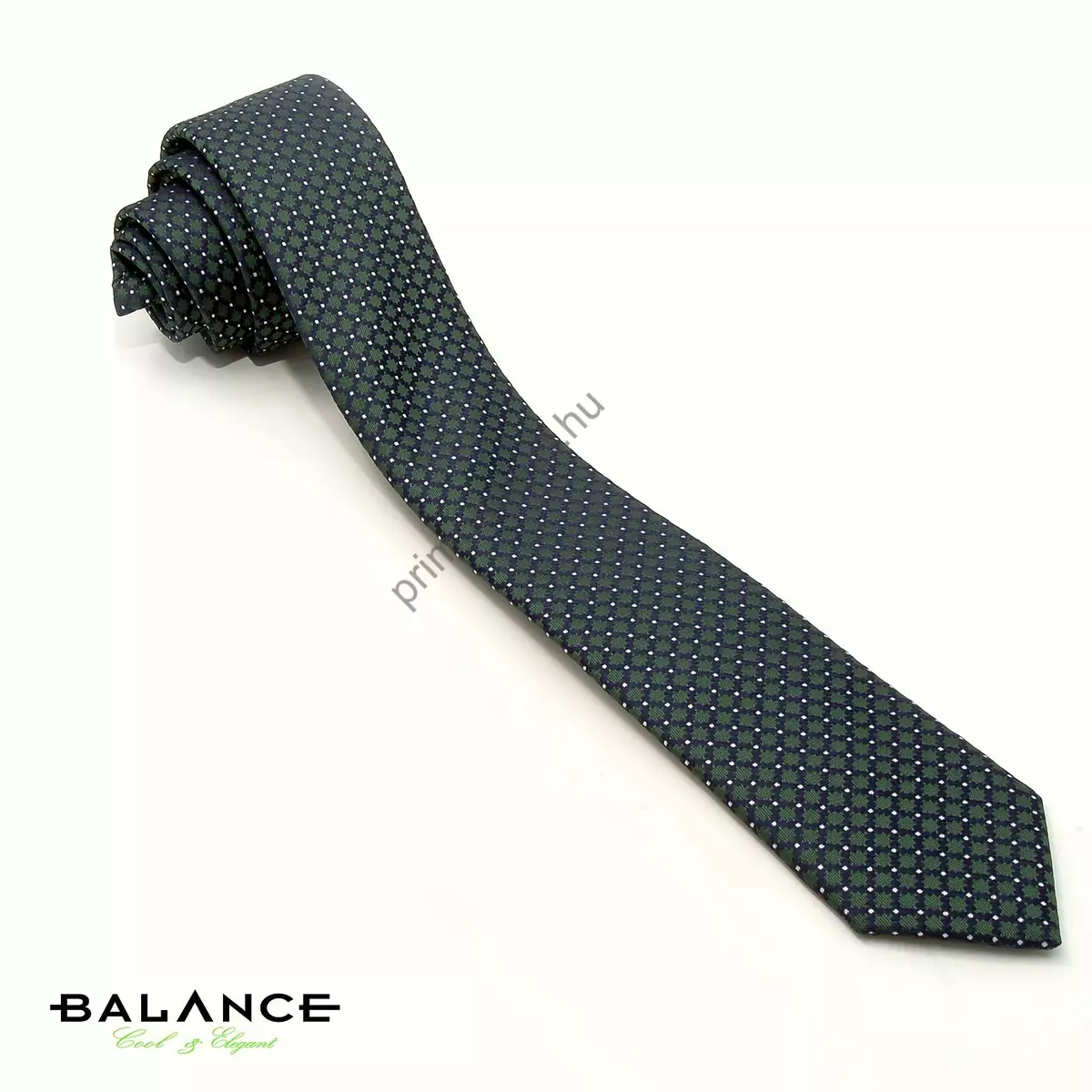 Balance apró fehér pöttyös, anyagában szövött sötétkék-zöld mintás színjátszó keskeny selyem nyakkendő