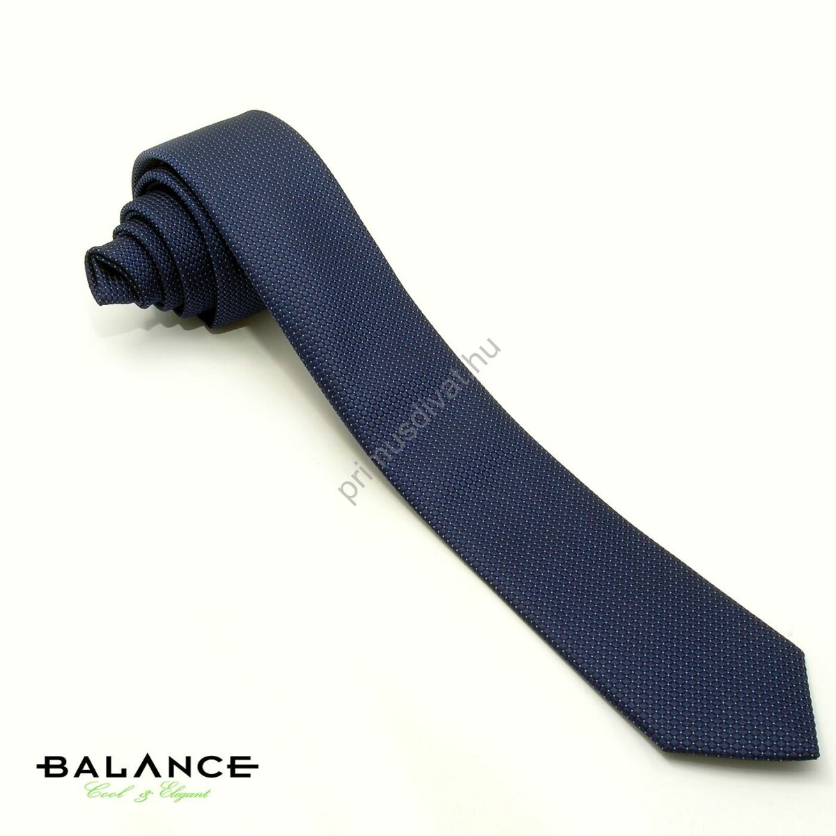 Balance apró világoskék pöttyös, anyagában szövött mintás sötétkék keskeny selyem nyakkendő