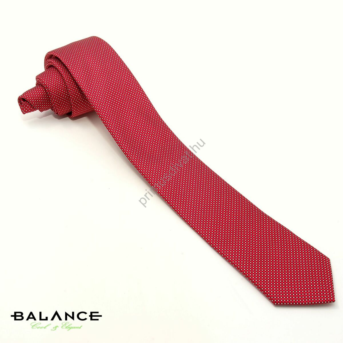 Balance apró ezüst pöttyös, anyagában szövött mintás piros keskeny selyem nyakkendő
