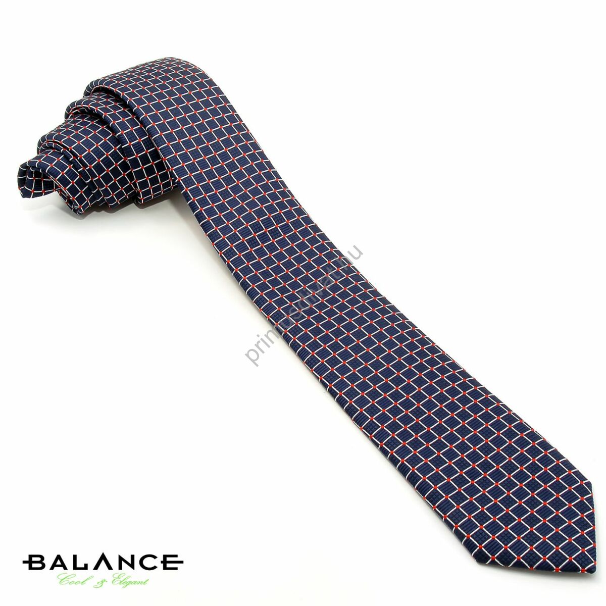 Balance apró piros pöttyös, szövött ezüst négyzetrácsos sötétkék keskeny selyem nyakkendő