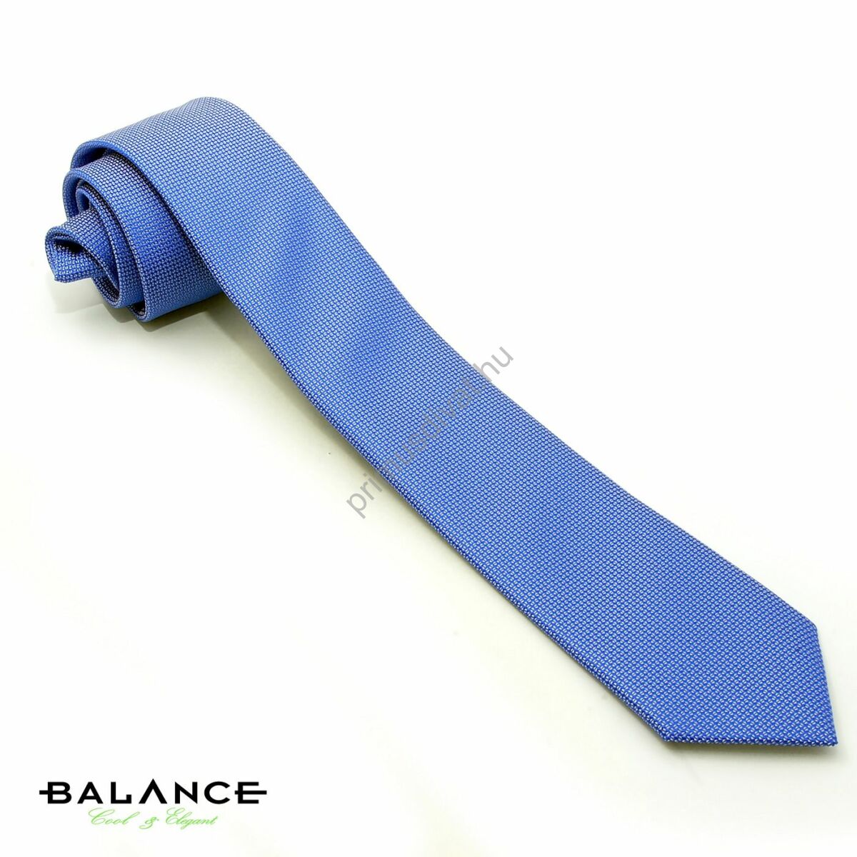Balance apró ezüst pöttyös, anyagában szövött mintás világoskék keskeny selyem nyakkendő