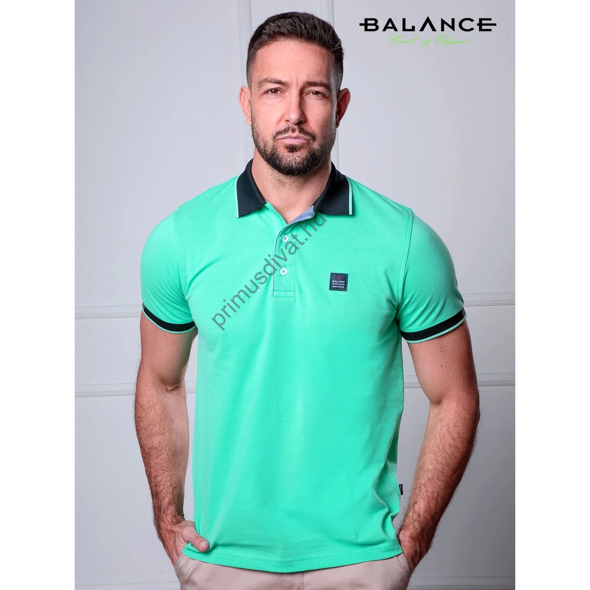 Balance galléros-gombos rövid ujjú Serum kivizöld piké póló, sötétkék betétekkel