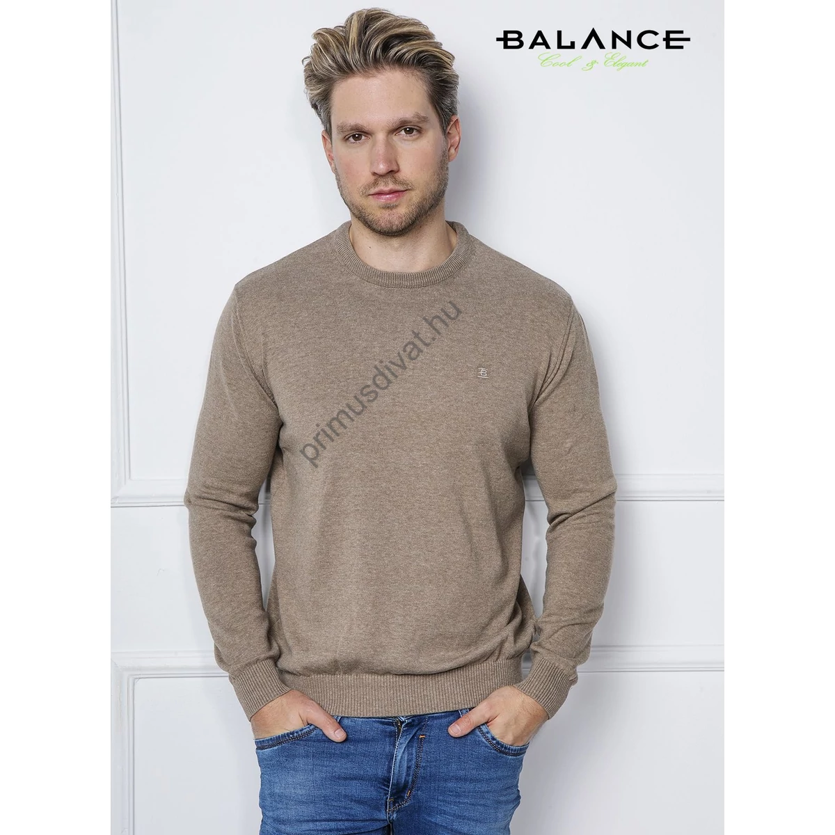Balance vékony kötött környakas bézs melange Melar pulóver