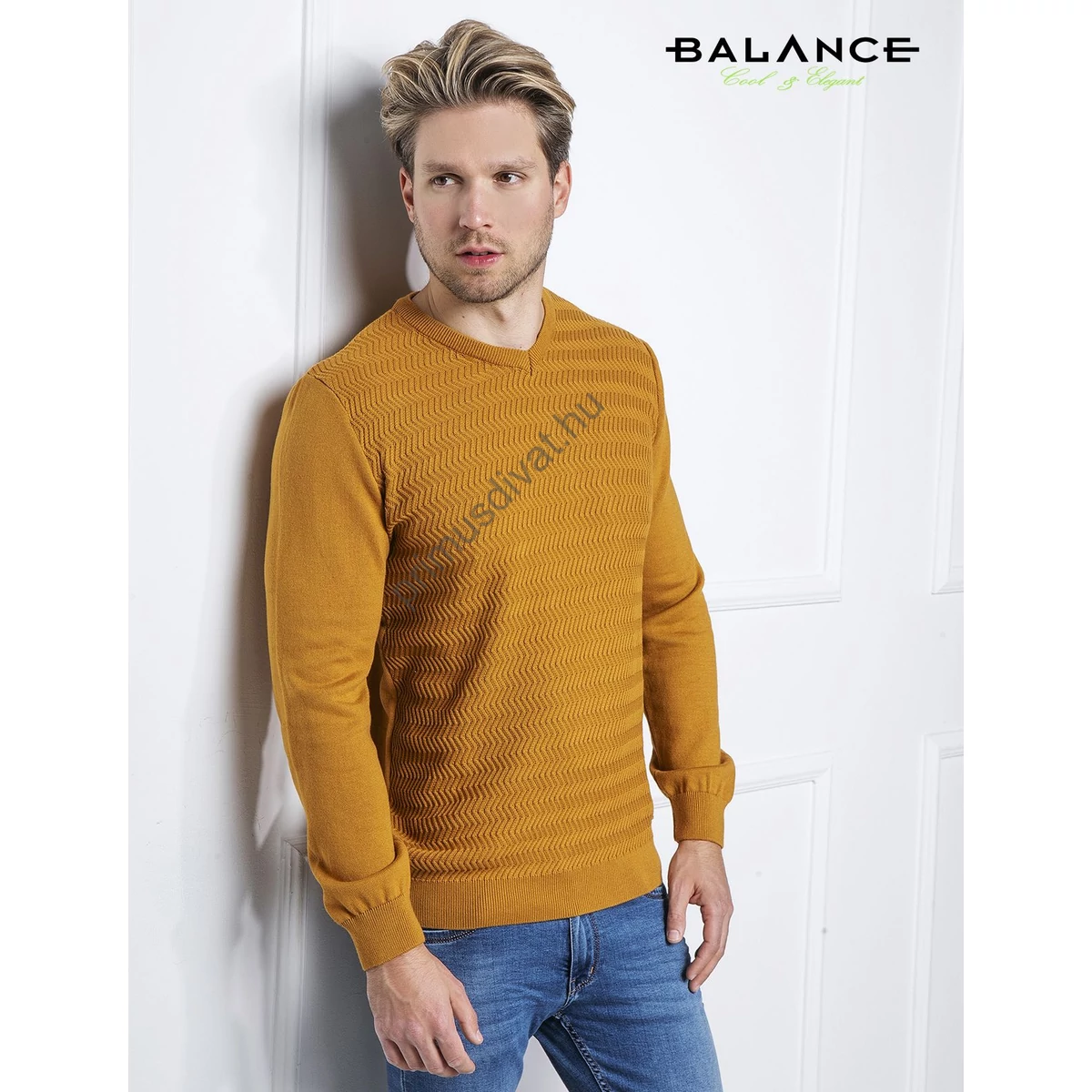 Balance V-nyakú, domború mintás elejű okkersárga kötött Veborder pulóver