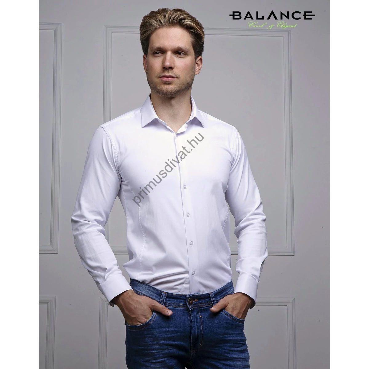 Balance normál galléros fehér, karcsúsított-nyújtott fazonú long-slim-fit rugalmas pamutszatén hosszú ujjú alkalmi ing