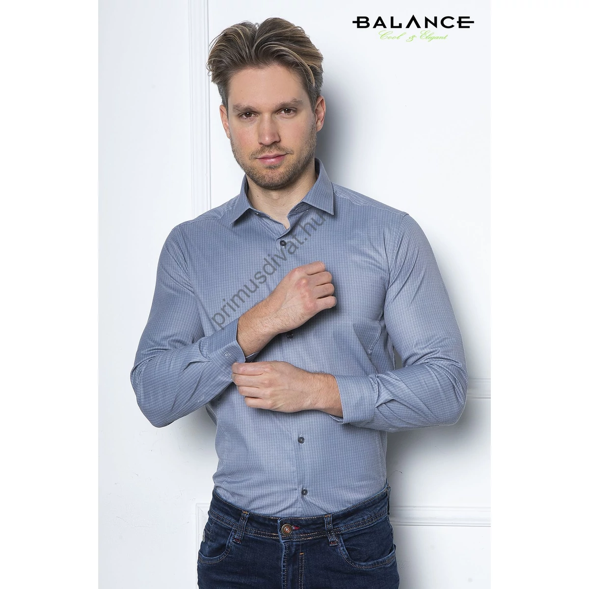 Balance fehér alapon nyomott szürkéskék halszálkamintás hosszú ujjú karcsúsított enyhén rugalmas Forbe slim-fit ing