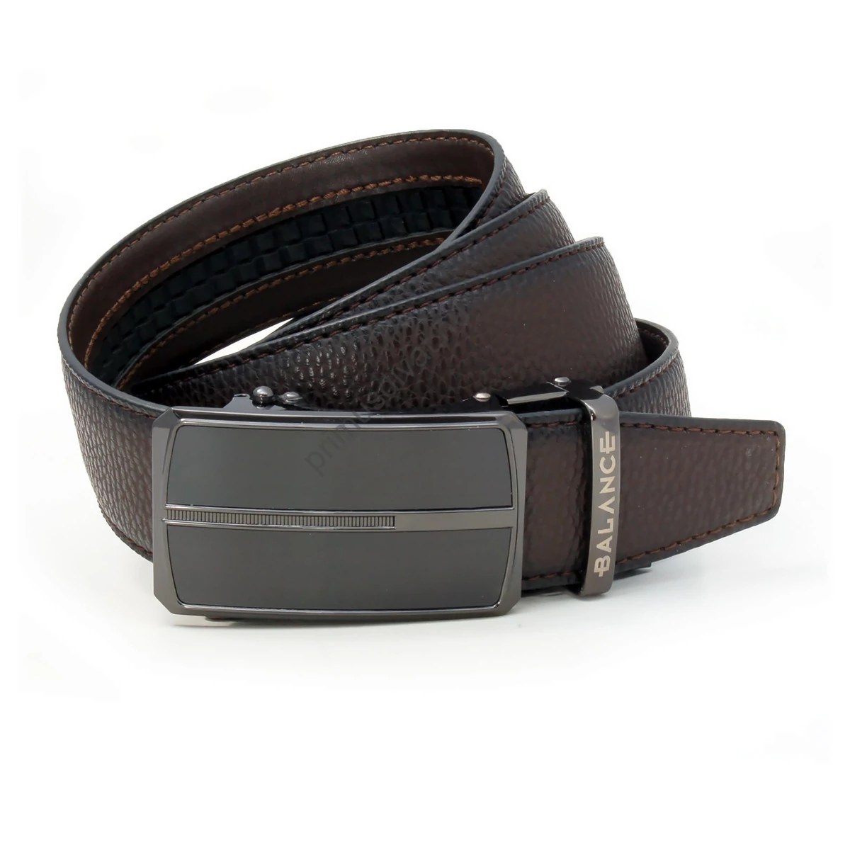 Balance racsnis záródású, varrott bőrszíjas, műgyanta betétes fém csatos sötétbarna öv, fém bújtatóján gravírozott márkafelirattal