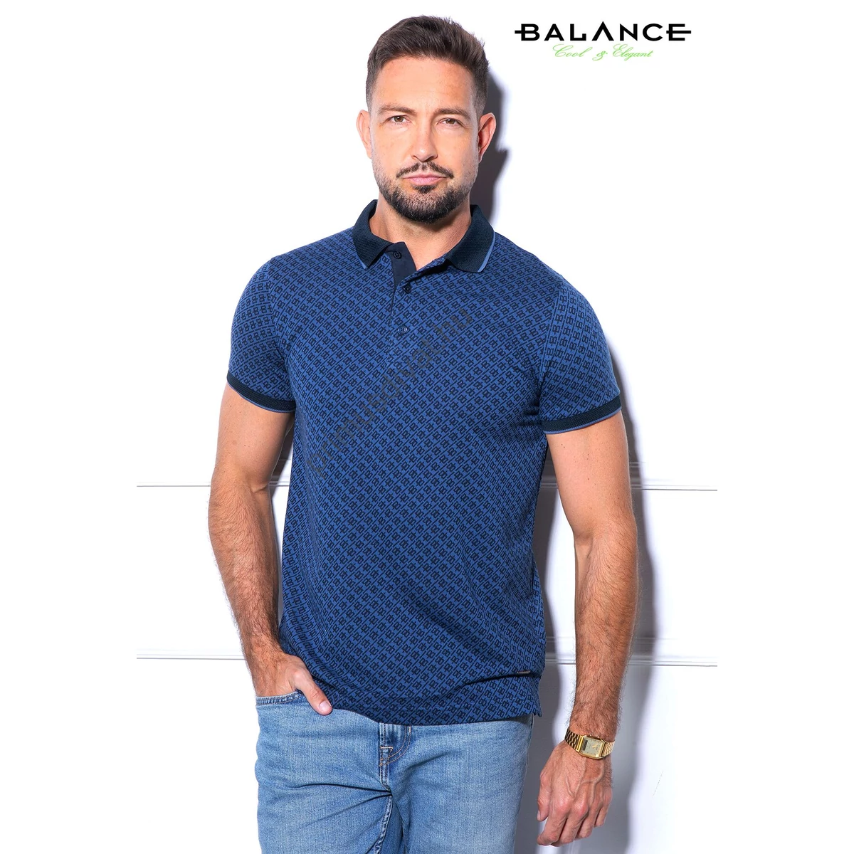 Balance kék márkalogómintás rugalmas pamut anyagú rövid ujjú, gombos-galléros nyakú JQ póló, gallérján és ujján kontrasztos paszpóllal