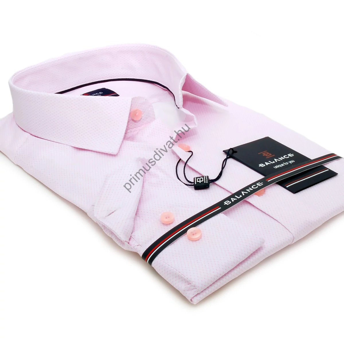 Balance fehér alapon nyomott rózsaszín apró rombuszmintás hosszú ujjú, karcsúsított fazonú, rugalmas anyagú Rusta slim-fit ing