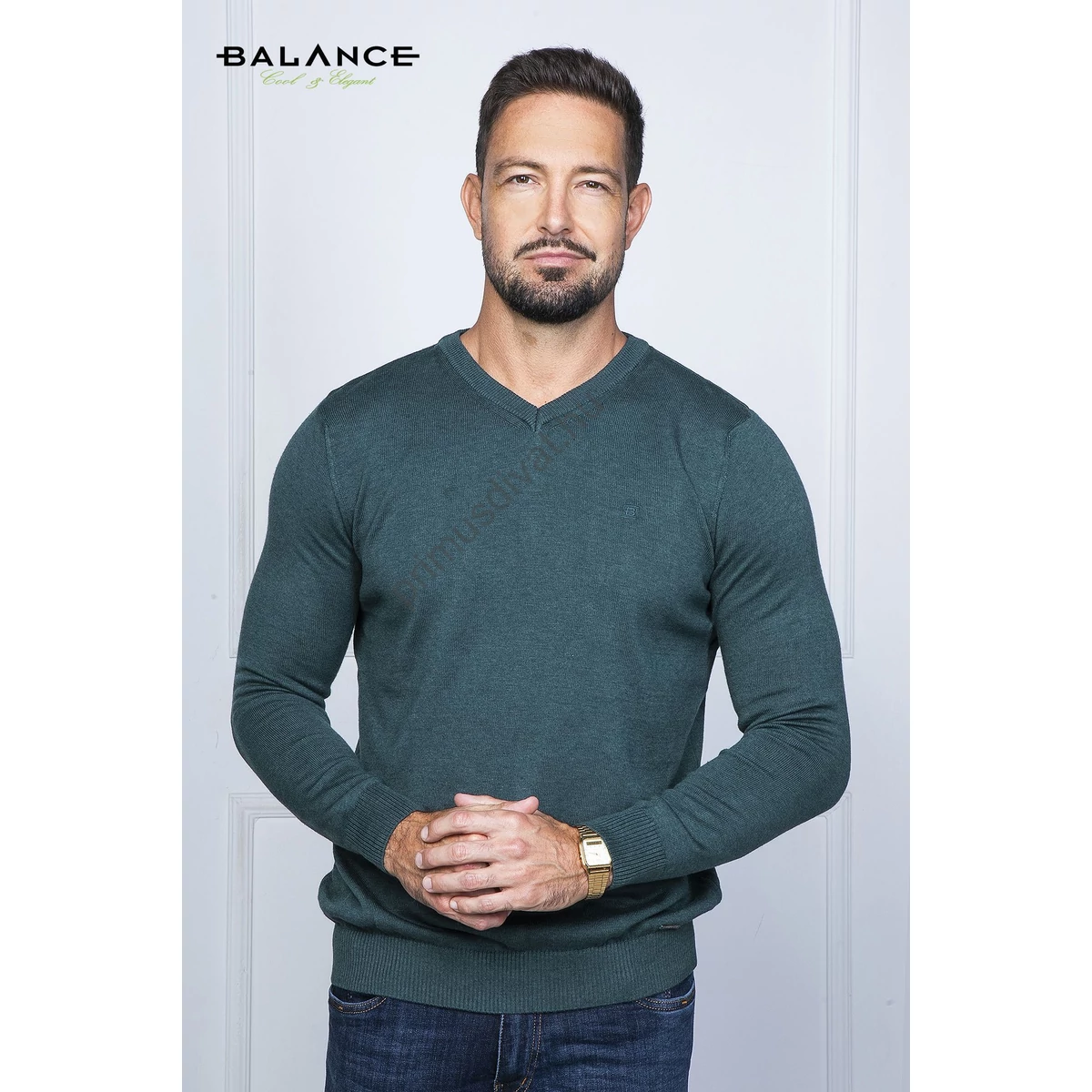 Balance vékony kötött V-nyakú olajzöld Melange pulóver