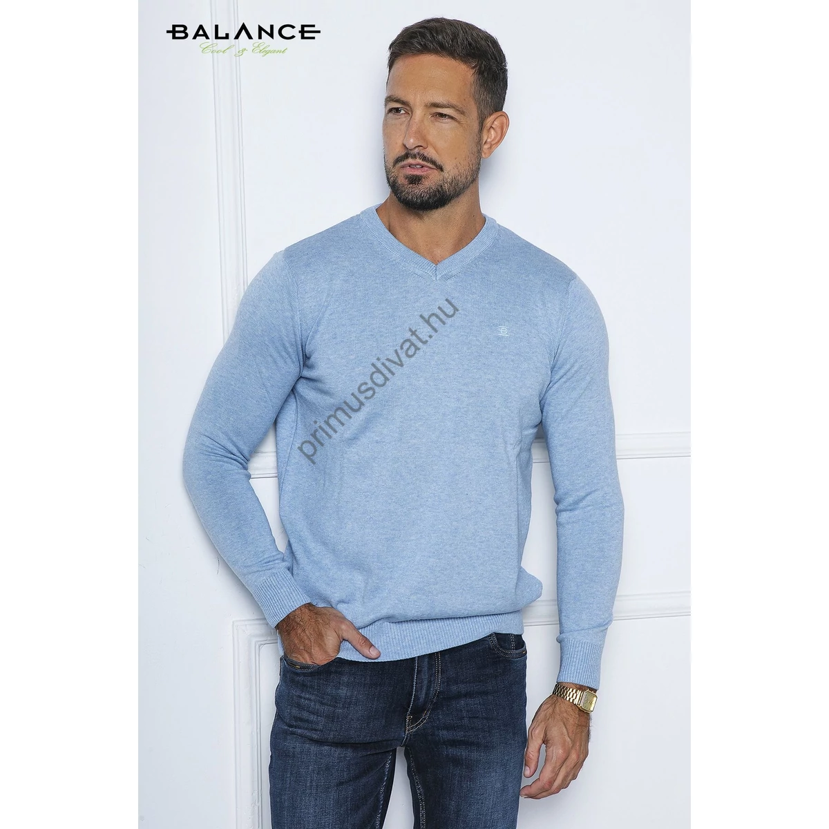 Balance vékony kötött V-nyakú világoskék Melange pulóver