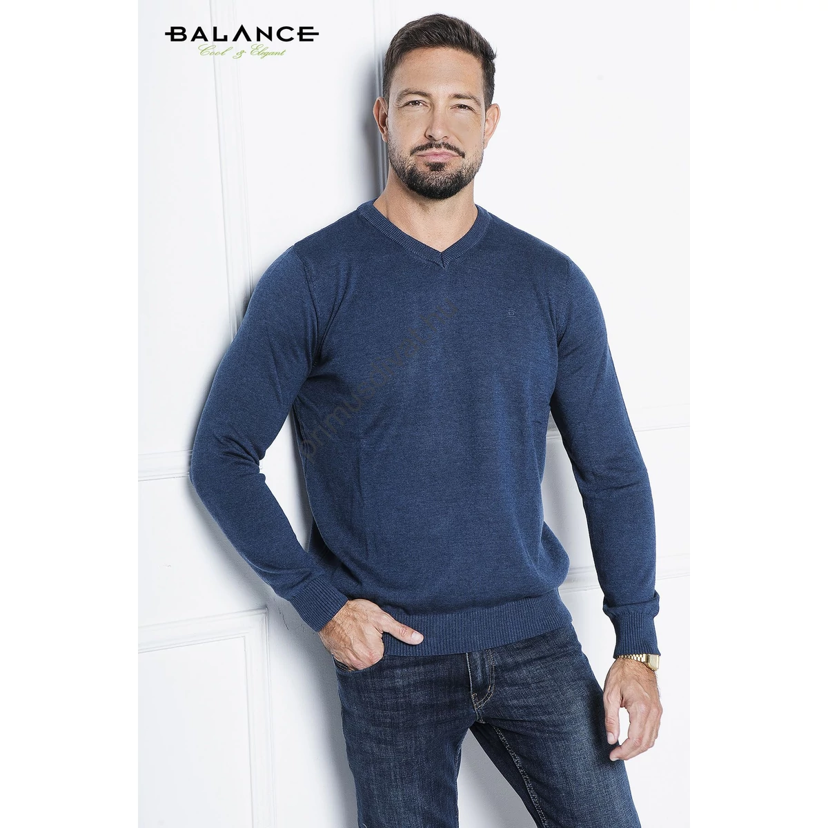 Balance vékony kötött V-nyakú sötétkék Melange pulóver