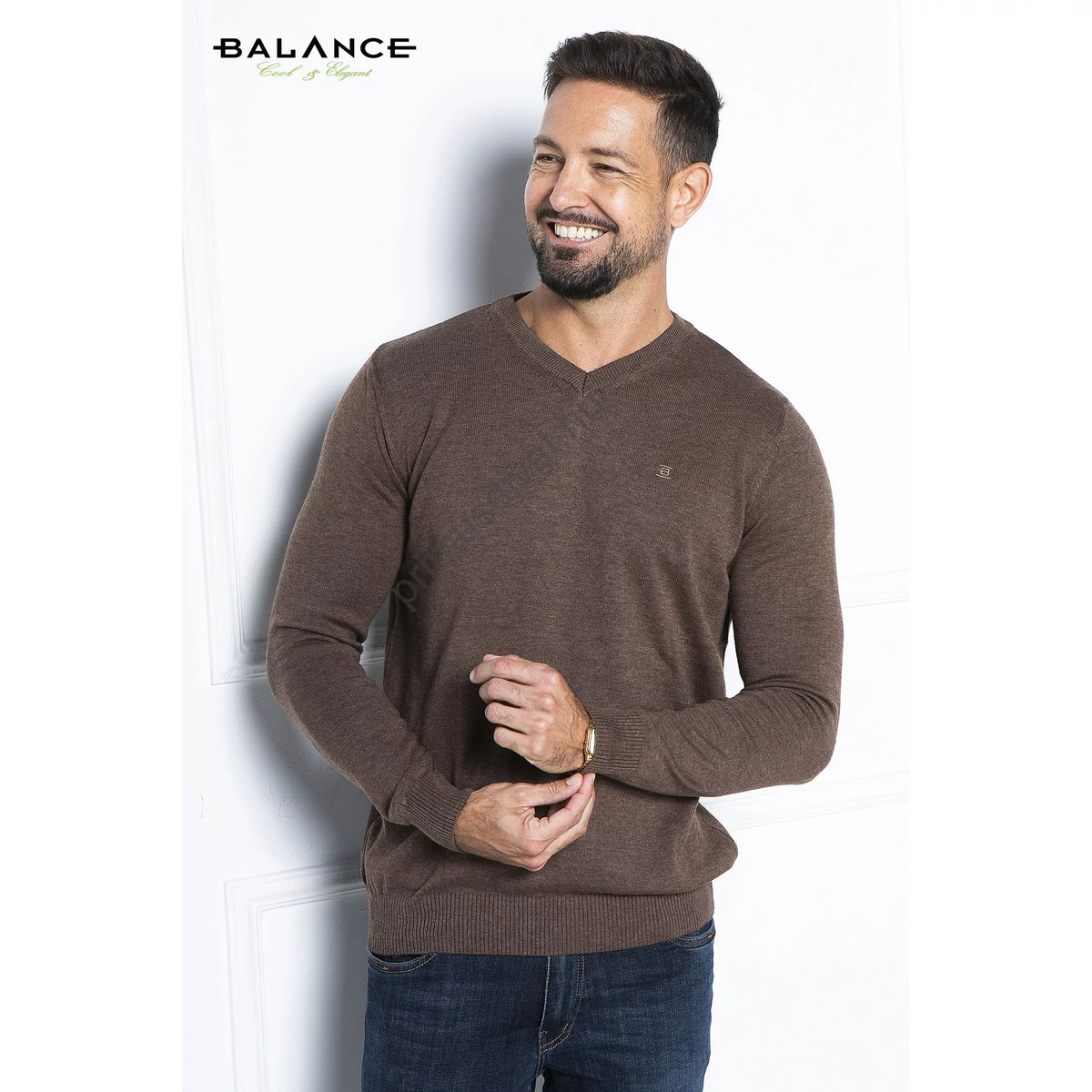 Balance vékony kötött V-nyakú barna Melange pulóver