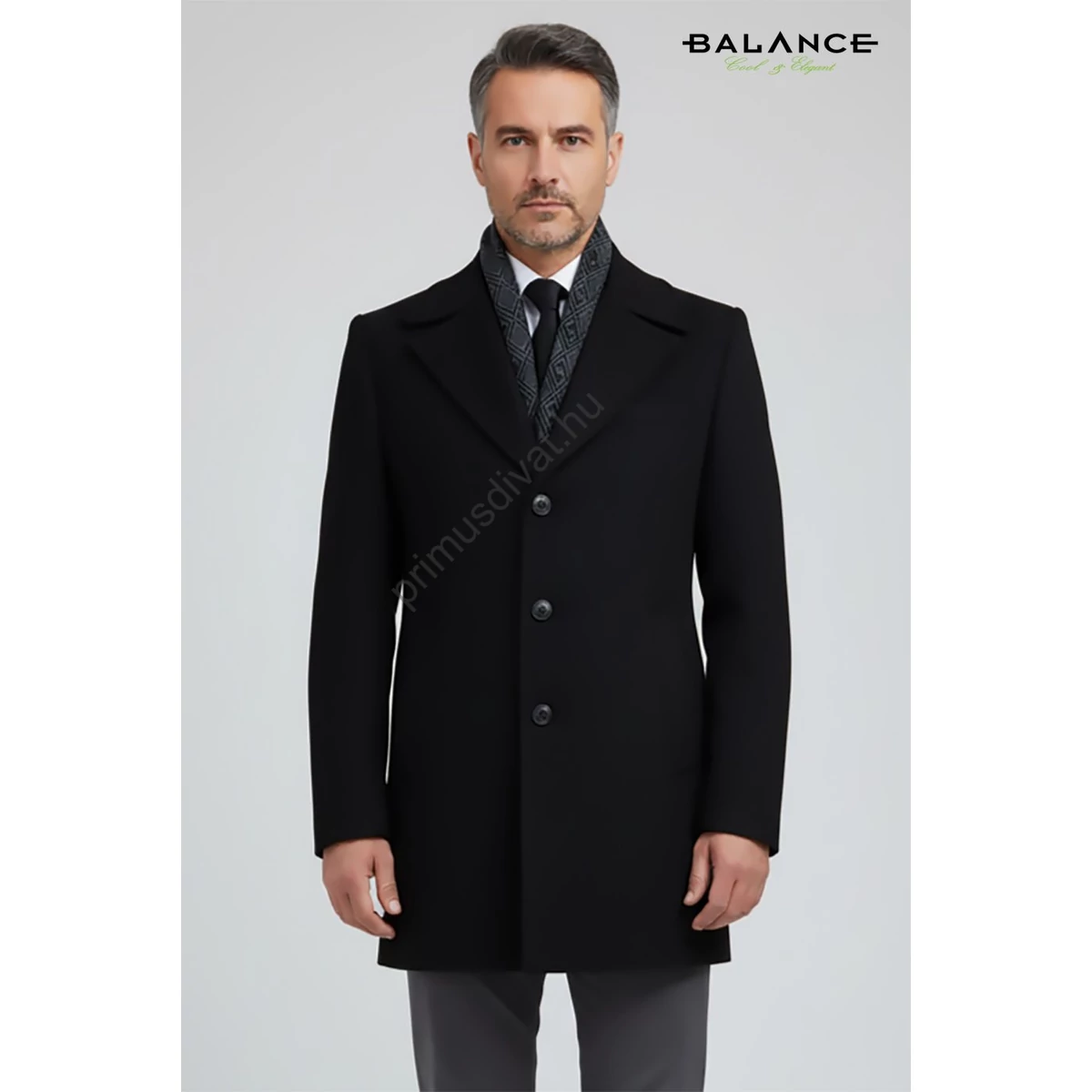 Balance kicipzározható kötött sálbetétes, kihajtós galléros elegáns fekete szövetkabát, reverzén díszítő ponttűzéssel