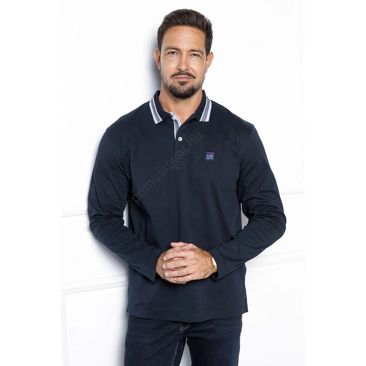 Balance galléros-gombos nyakú sötétkék puha pamut anyagú hosszú ujjú Craig ingpóló, pulóver