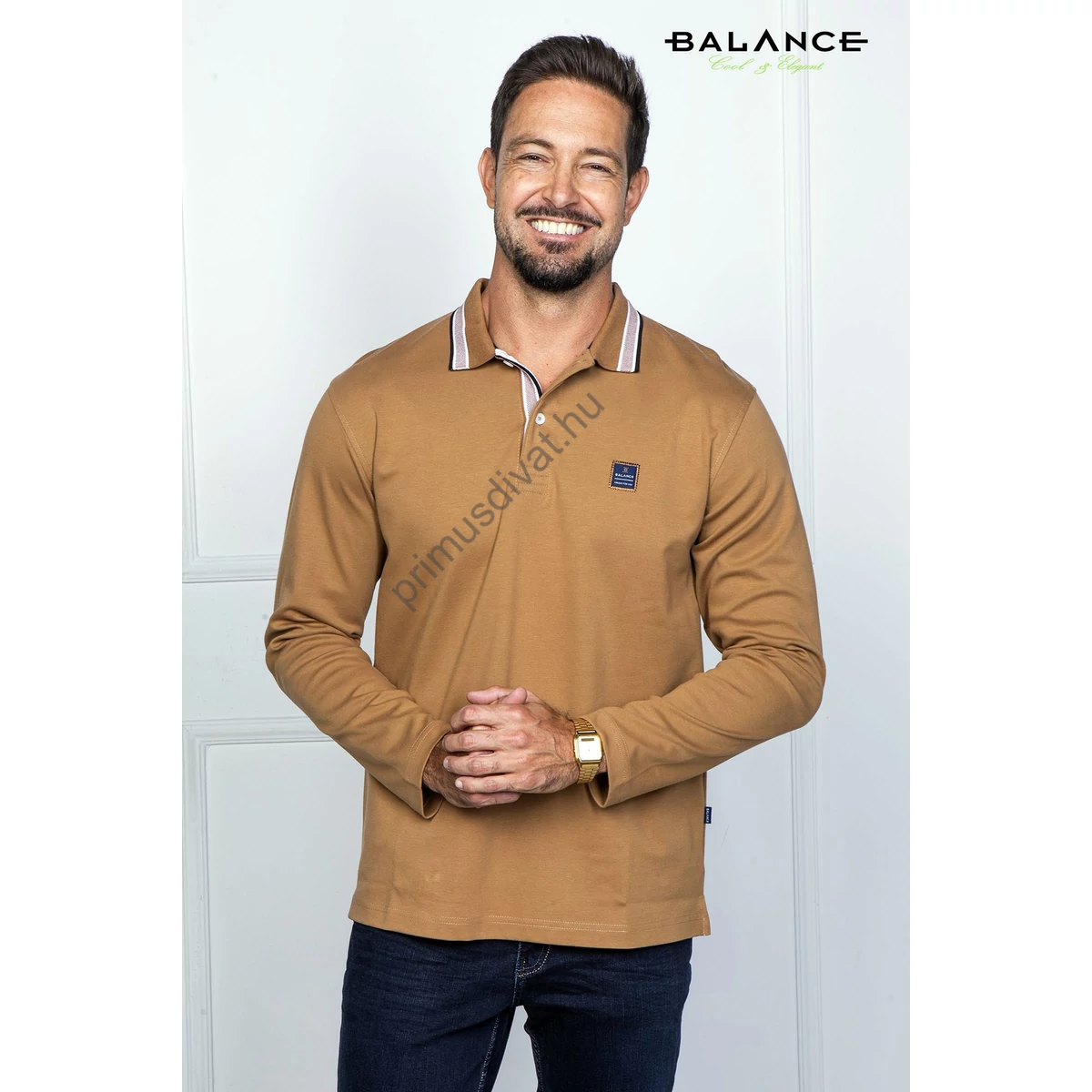 Balance galléros-gombos nyakú camel-barna puha pamut anyagú hosszú ujjú Craig ingpóló, pulóver