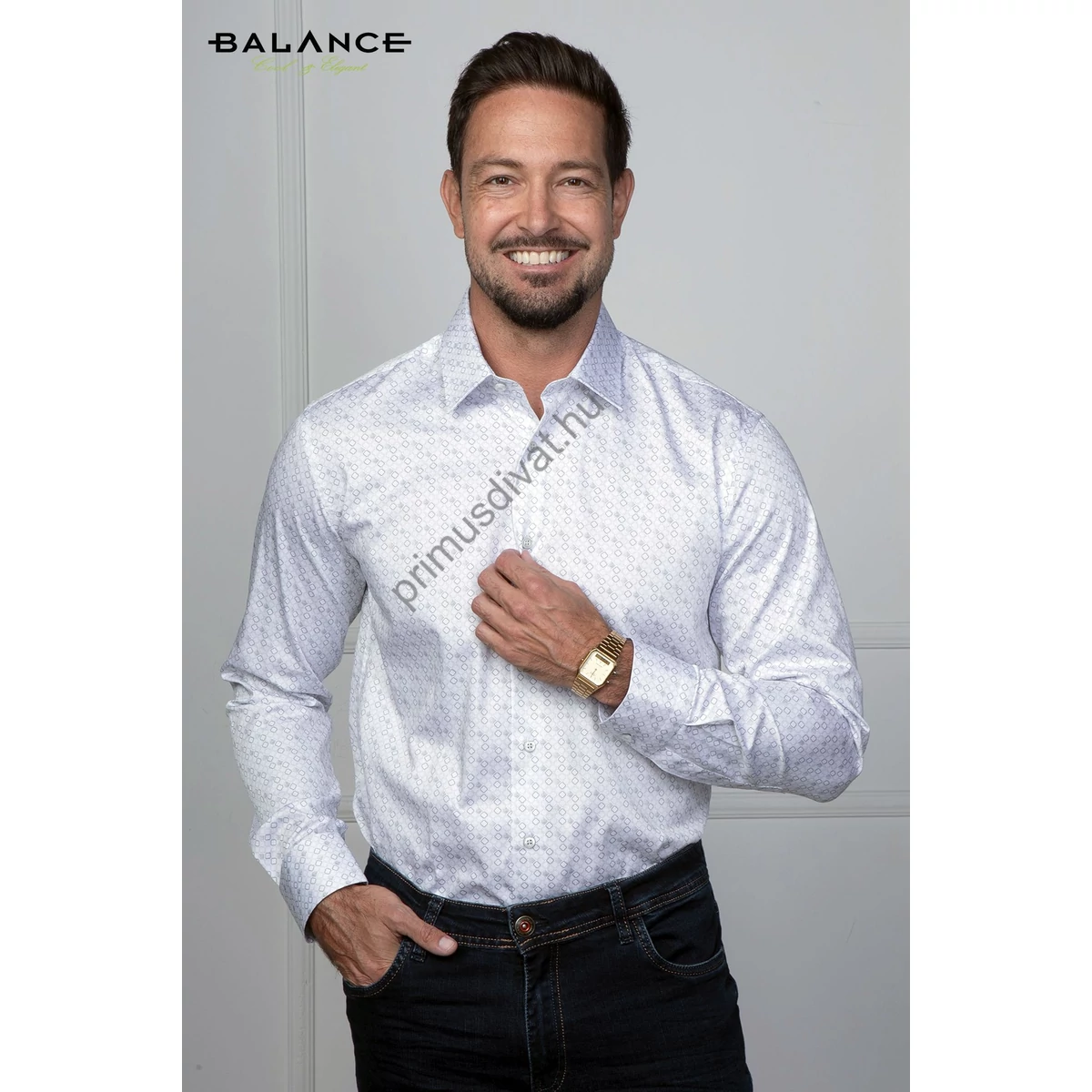 Balance fehér alapon nyomott szürke aprómintás hosszú ujjú karcsúsított Rems slim-fit ing