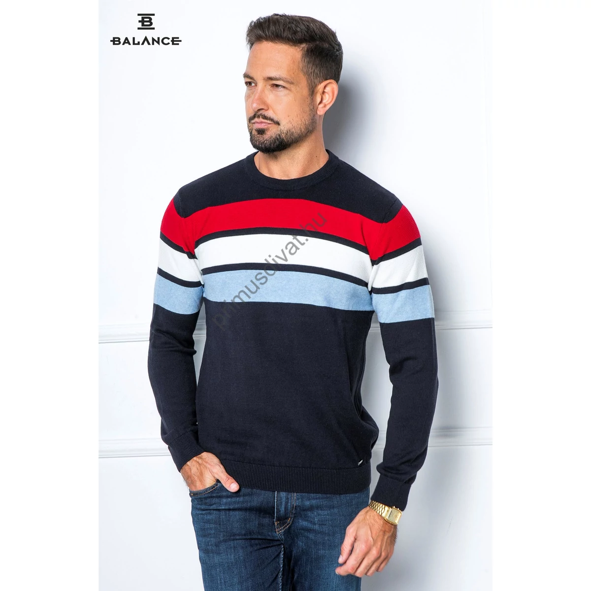 Balance környakas, fehér-piros-világoskék csíkos sötétkék vékony kötött BS pulóver