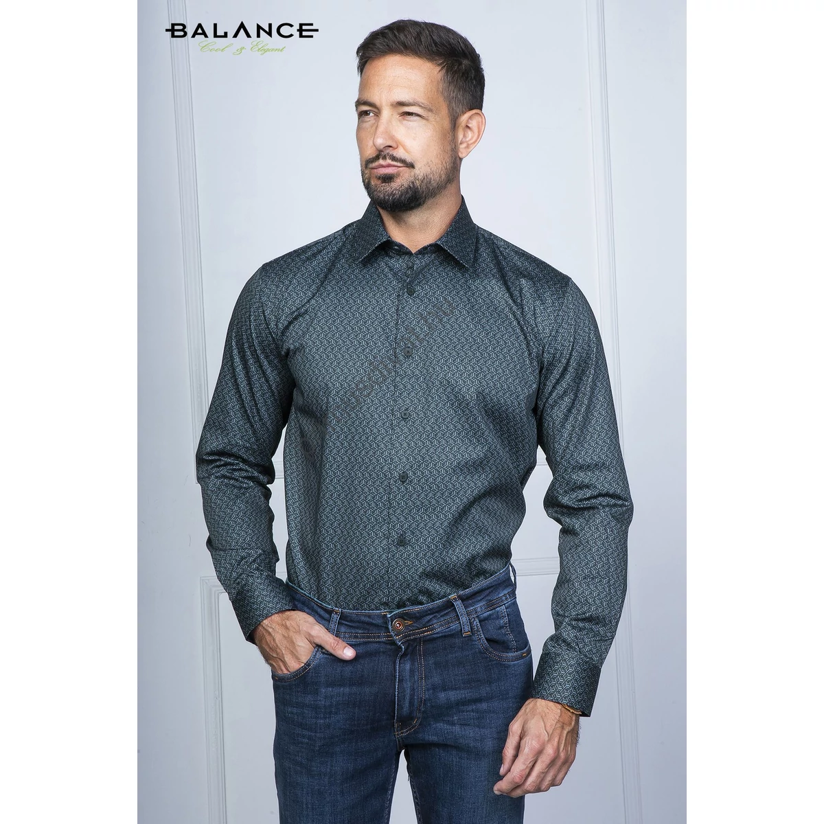 Balance nyomott zöldesbe hajló szürke színű, sűrűn mintázott hosszú ujjú karcsúsított Frein slim-fit ing