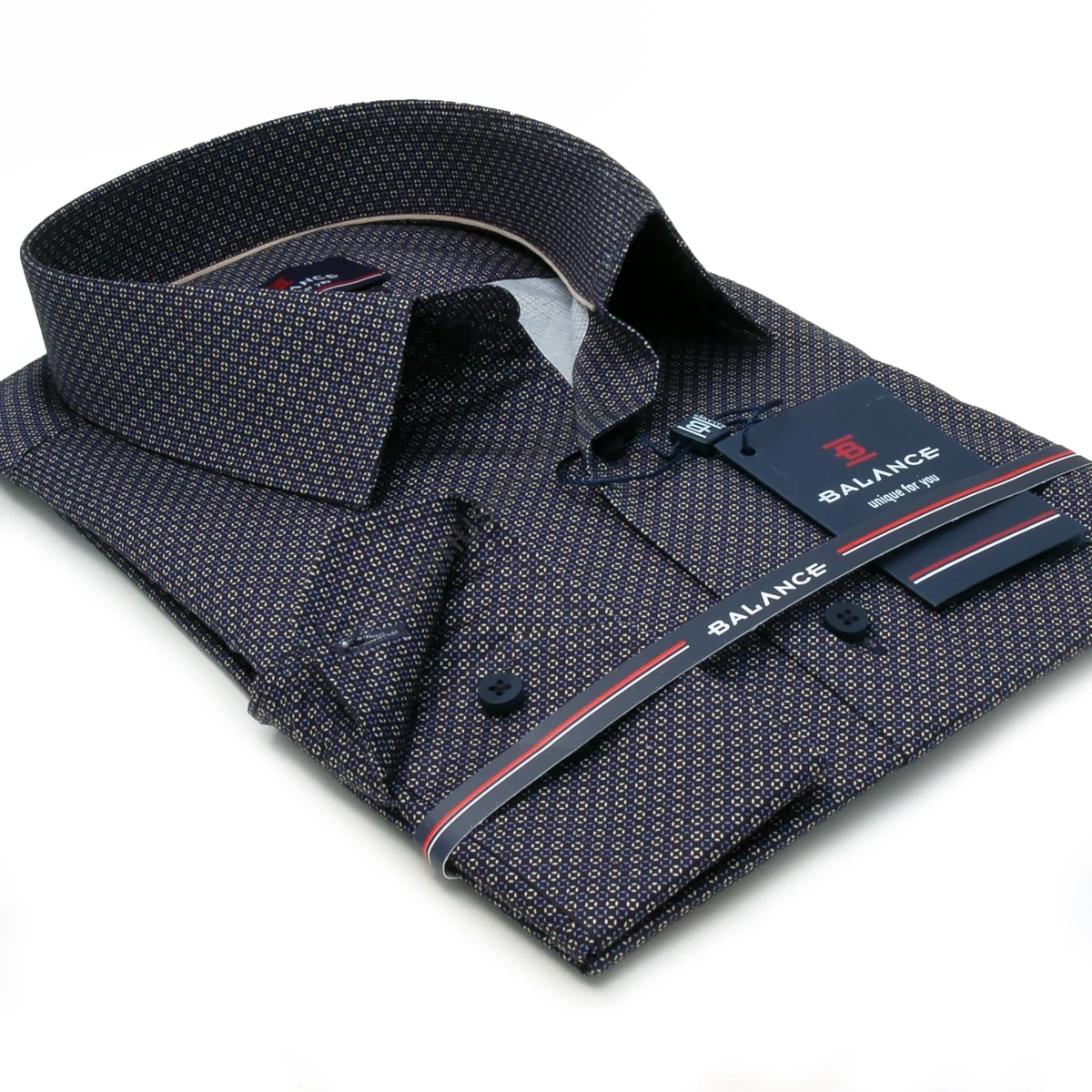 Balance nyomott sötétkék-drapp apró mintás, hosszú ujjú, hagyományos szabásvonalú Bleir regular-fit pamut ing