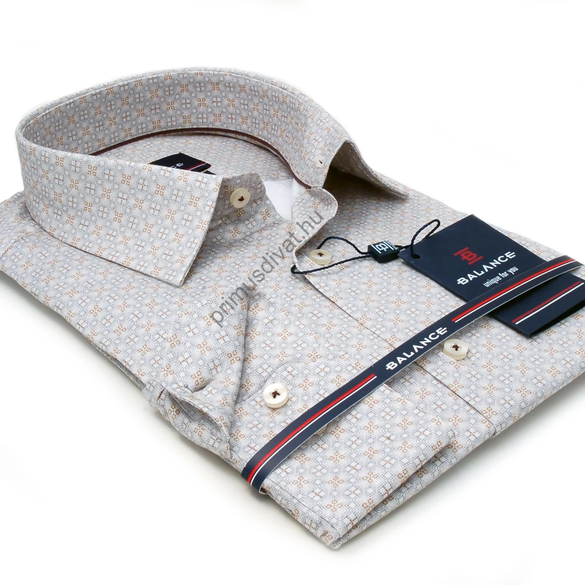 Balance fehér alapon nyomott szürke-drapp aprómintás hosszú ujjú karcsúsított Draw slim-fit ing