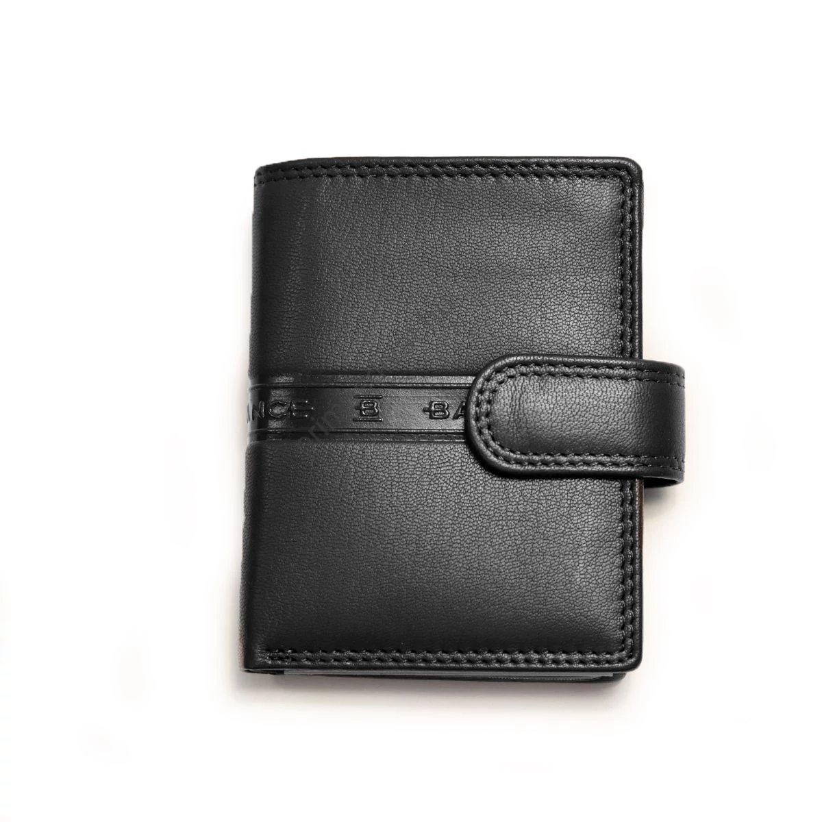 Balance kisméretű fekete bőr bankkártyatartó, patentos pánttal, papírpénz tartó rekesszel, belepréselt márkafelirattal