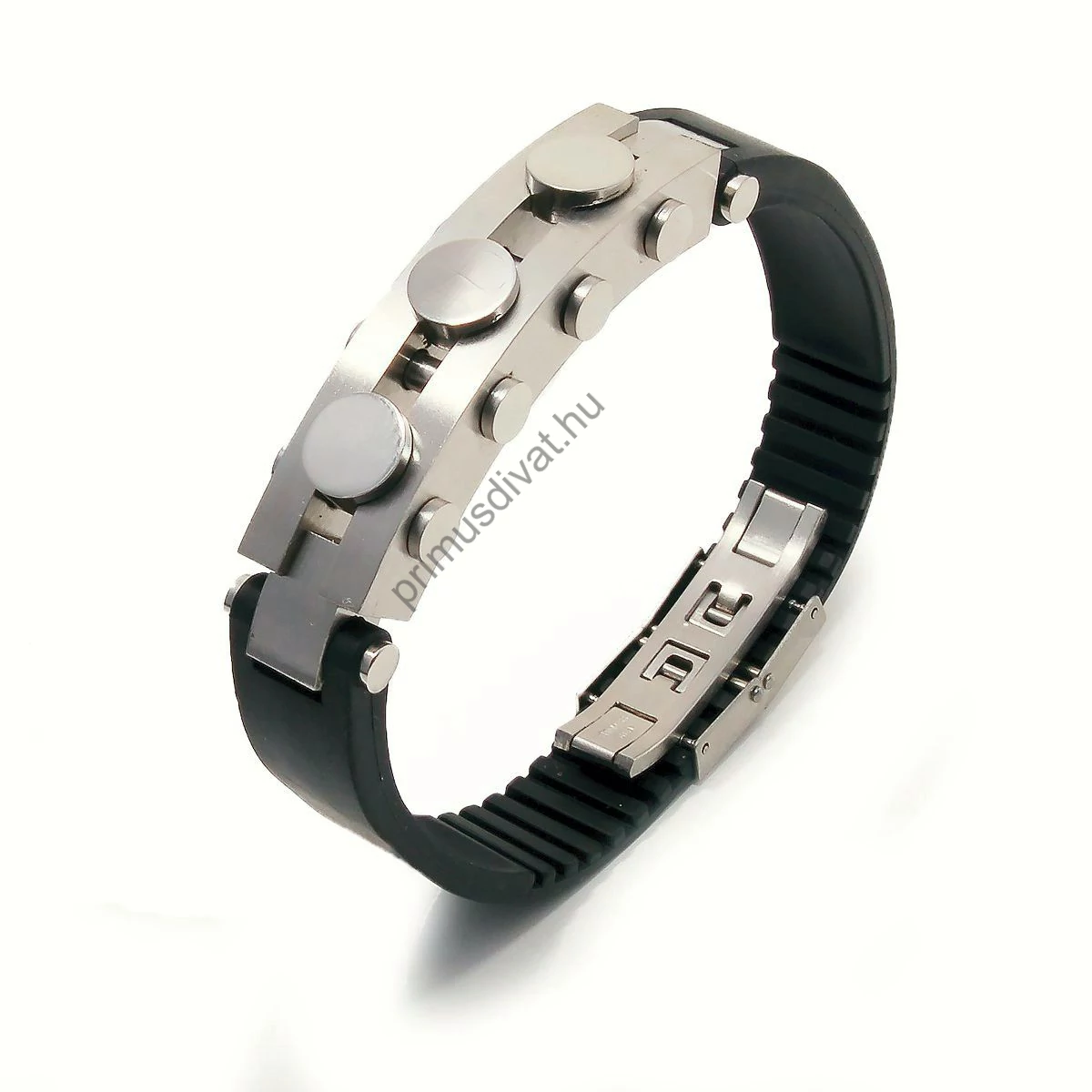 Szilikongumi pántos férfi karkötő szegecses acél dísszel