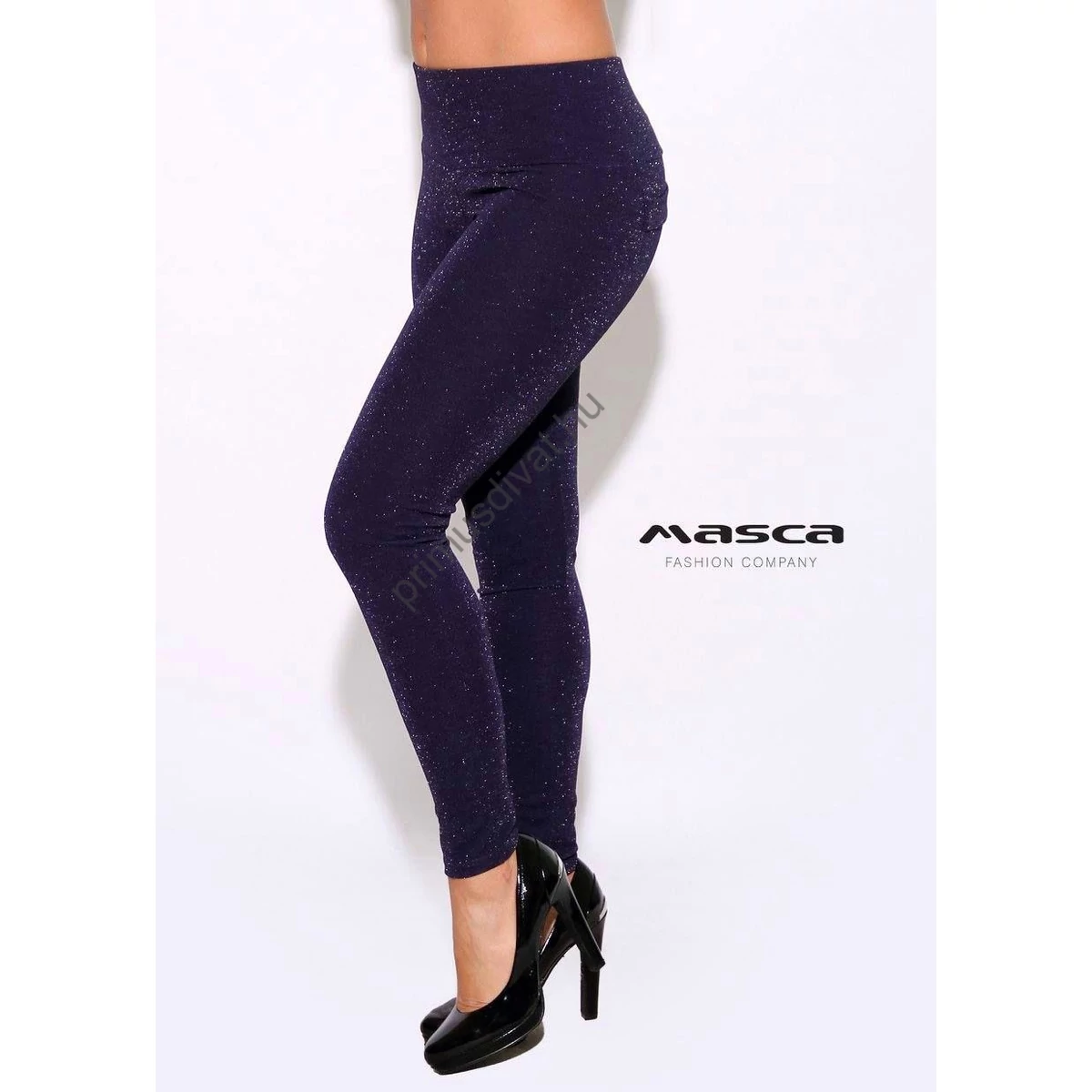 Masca Fashion magasított derekú, ezüst csillámos sötétkék leggings, cicanadrág