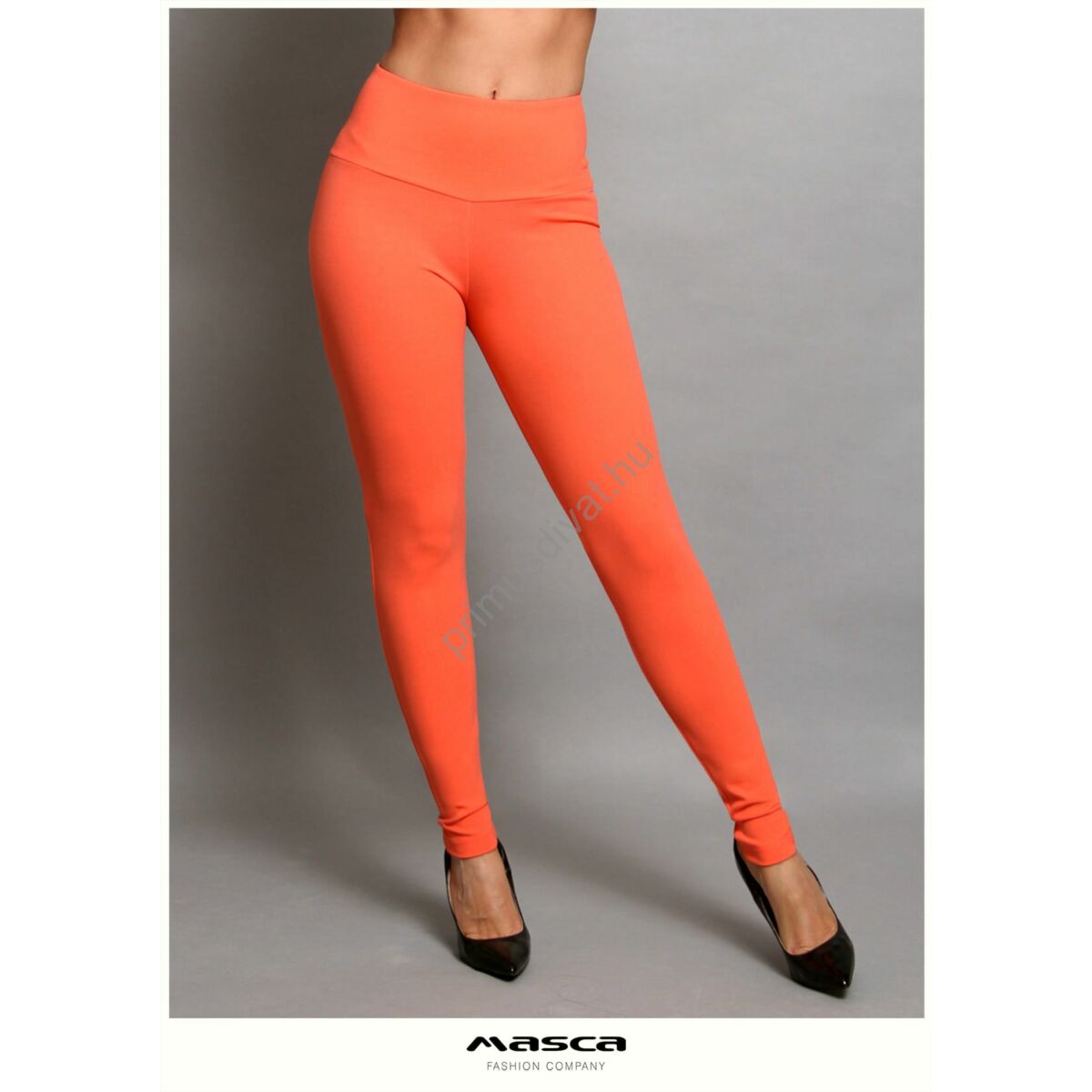 Masca Fashion magasított derekú narancssárga elasztikus leggings, cicanadrág, hátul íves szabással, hímzett zsebbel