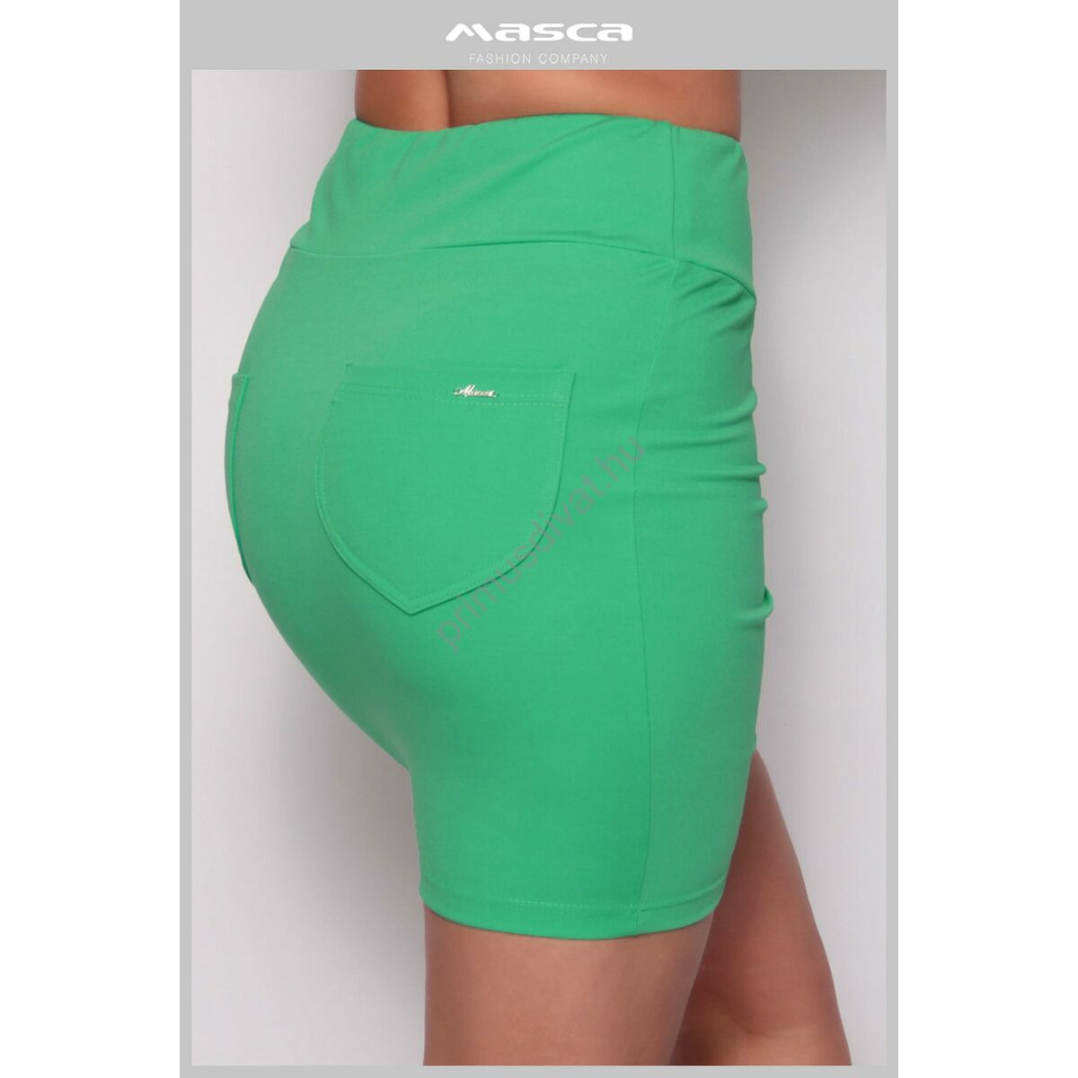 Masca Fashion széles gumipántos magas derekú szűk rugalmas zöld miniszoknya, hátán zsebekkel