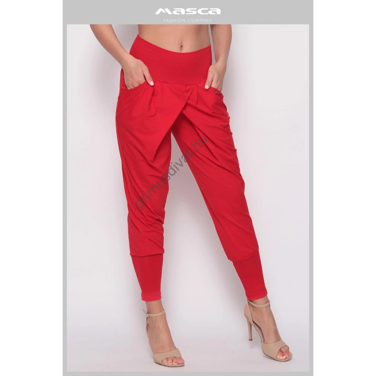 Masca Fashion átlapolt szabású lezser, zsebes piros viszkóz nadrág, széles passzékkal