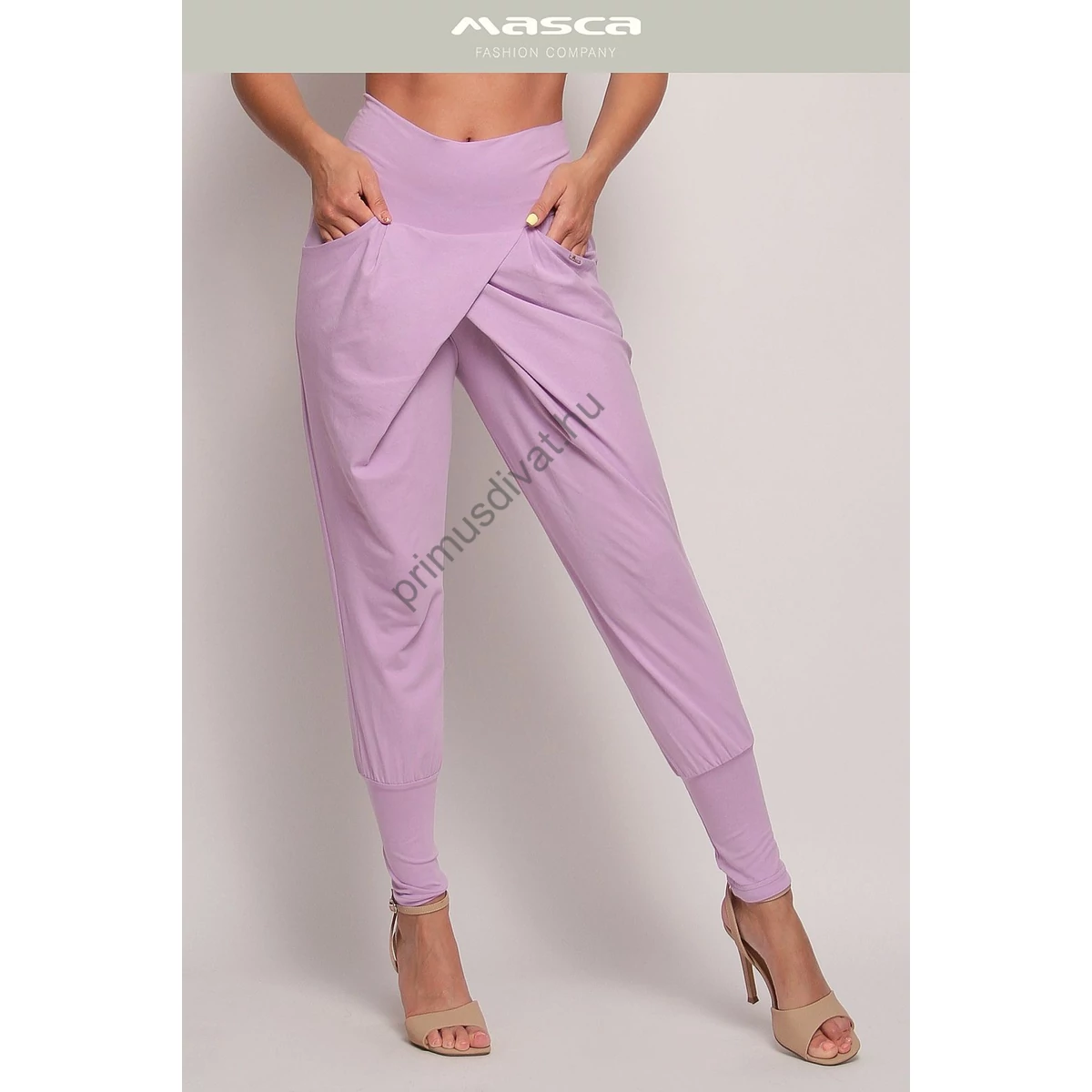 Masca Fashion átlapolt szabású lezser, zsebes orgona-lila rugalmas pamut nadrág, széles passzékkal