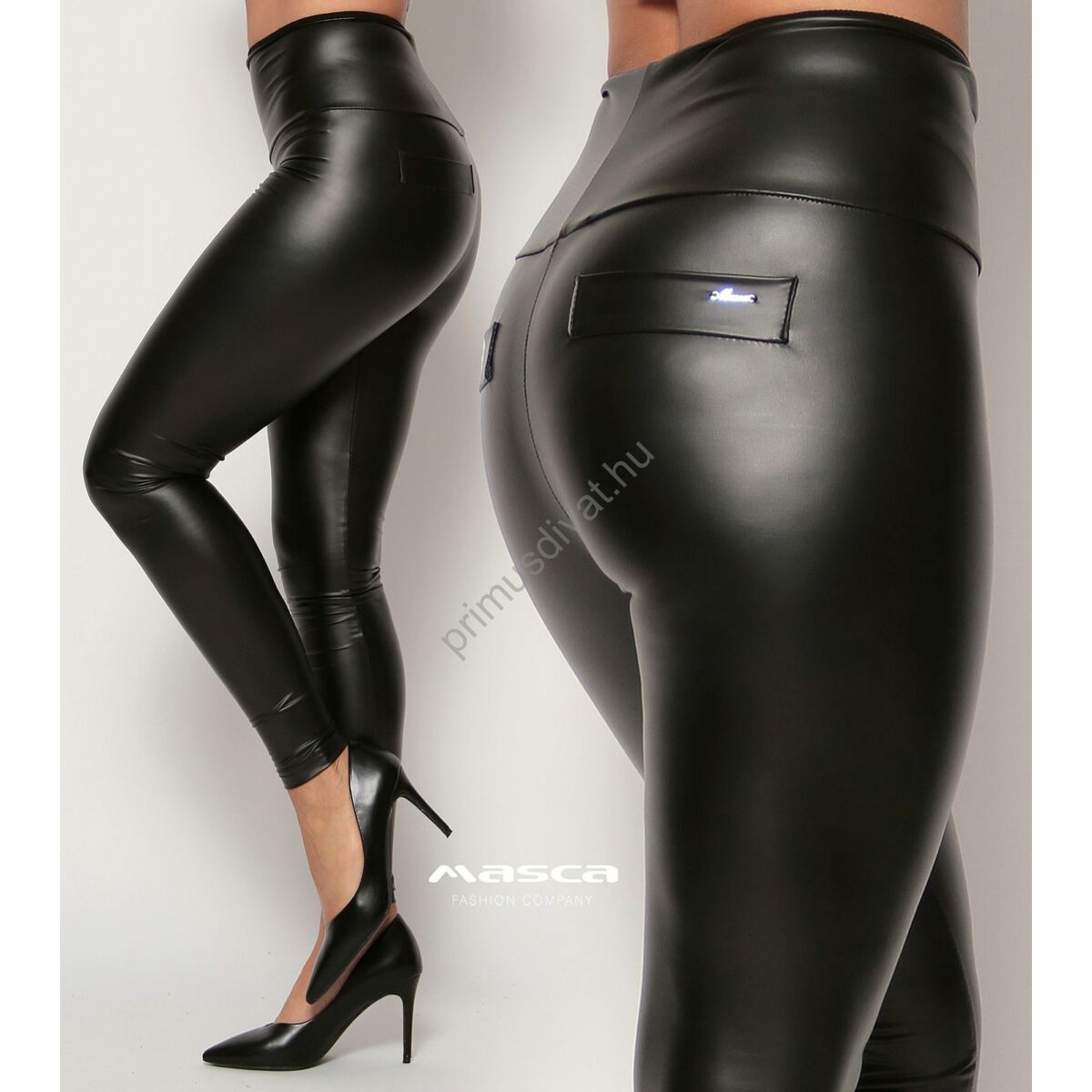 Masca Fashion magas derekú bőrhatású rugalmas fekete leggings, cicanadrág, hátán zsebfedőkkel