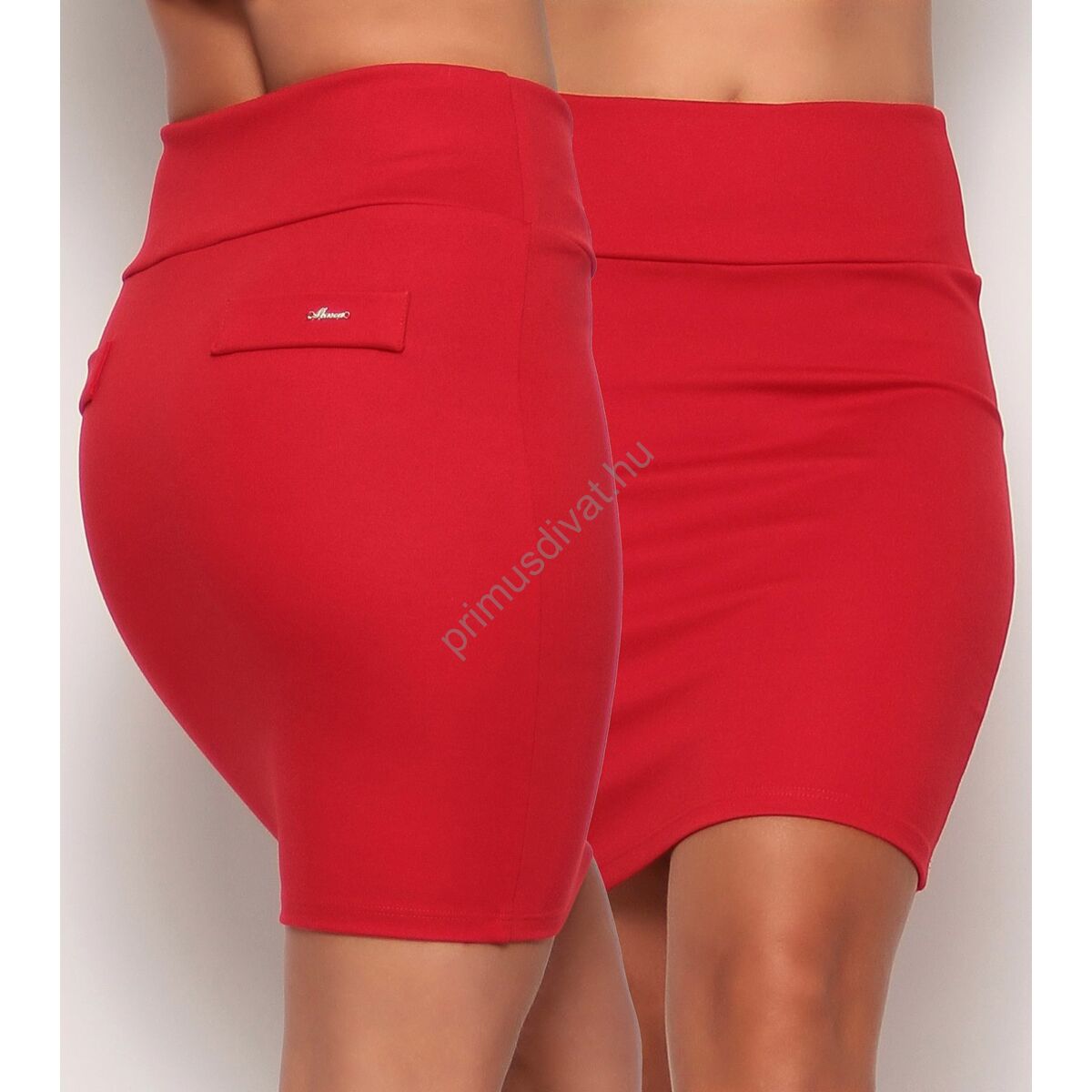 Masca Fashion magas derekú, széles gumipántos elasztikus piros punto miniszoknya, hátán zsebfedőkkel