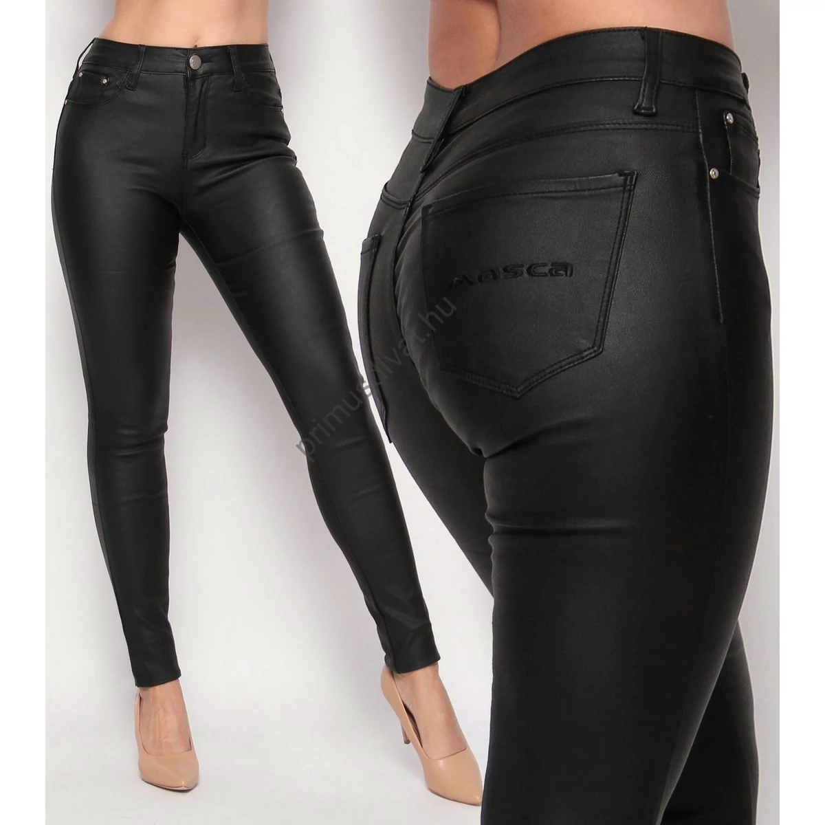 Masca Fashion magas derekú, rugalmas bőrhatású fekete szűk farmer szabású nadrág, zsebén hímzett márkafelirattal
